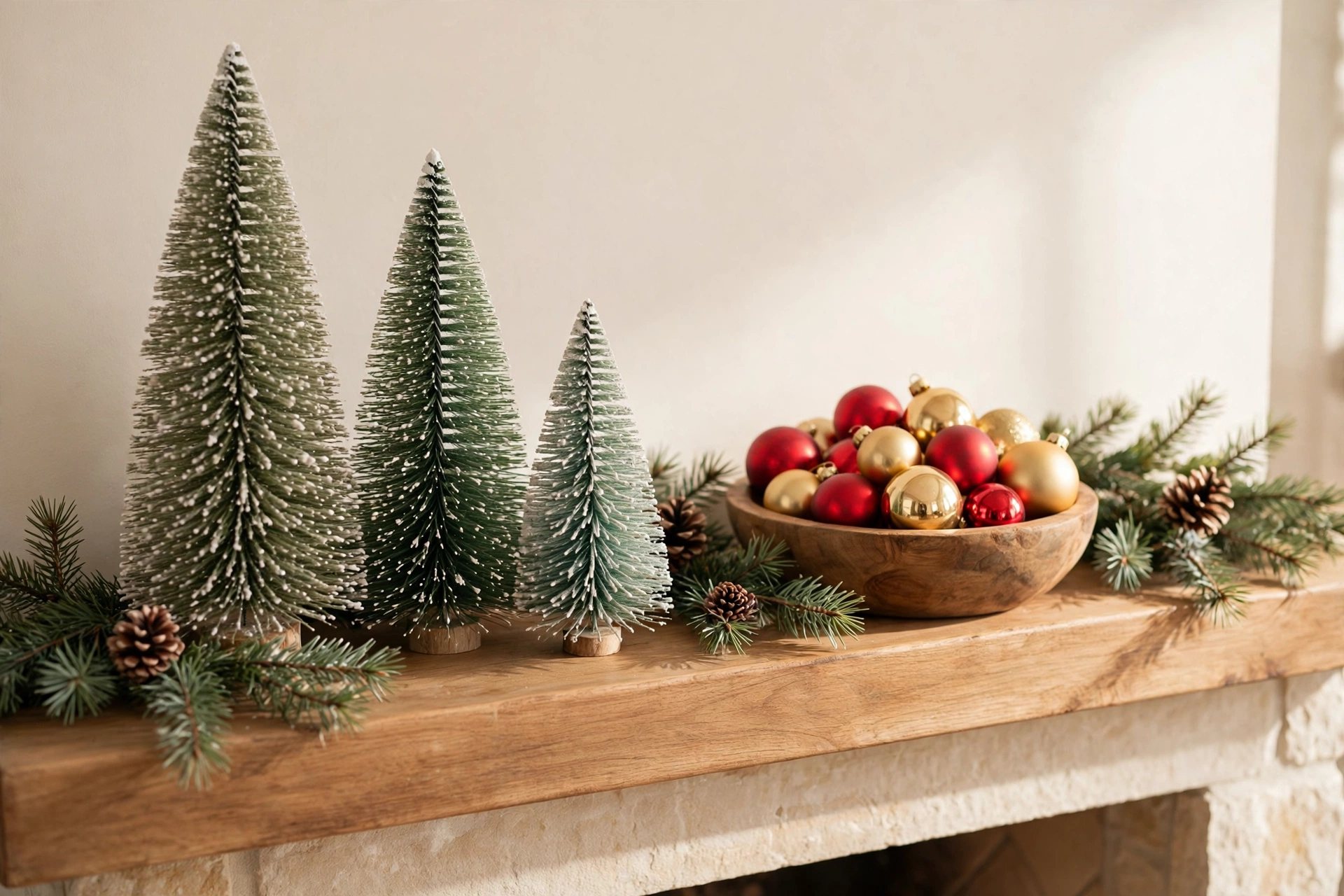 Mini bottle-brush trees with a bowl of ornaments on the mantel — christmas vignette ideas