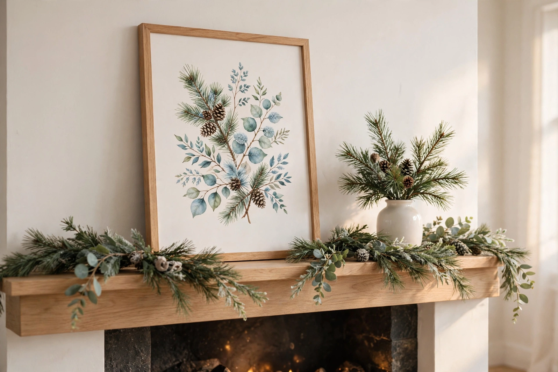 Framed winter art with pine sprigs — small christmas mantel accent idea