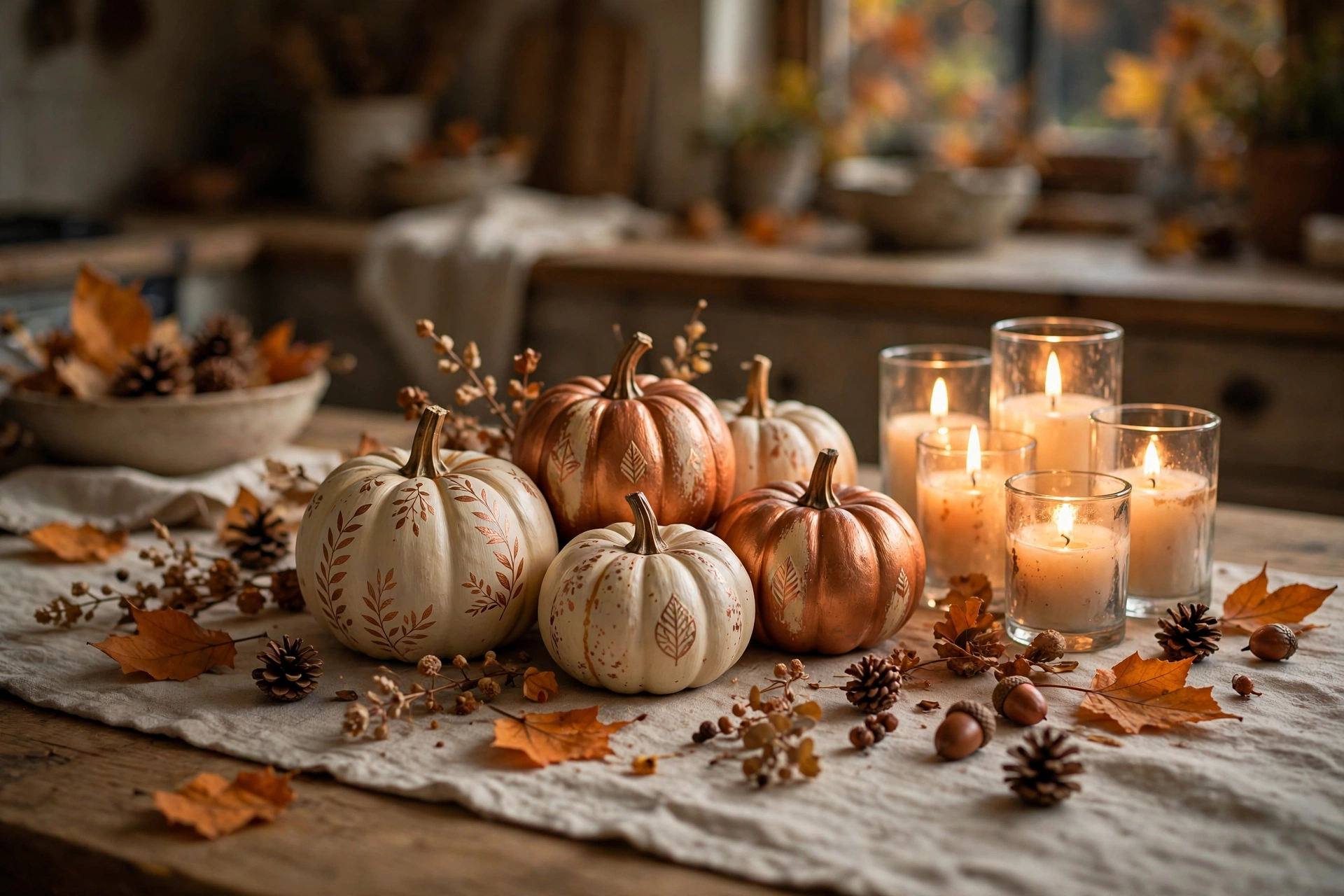 Cozy autumn table centrepiece with painted mini pumpkins, lit candles, dried leaves and pinecones on a linen runner
