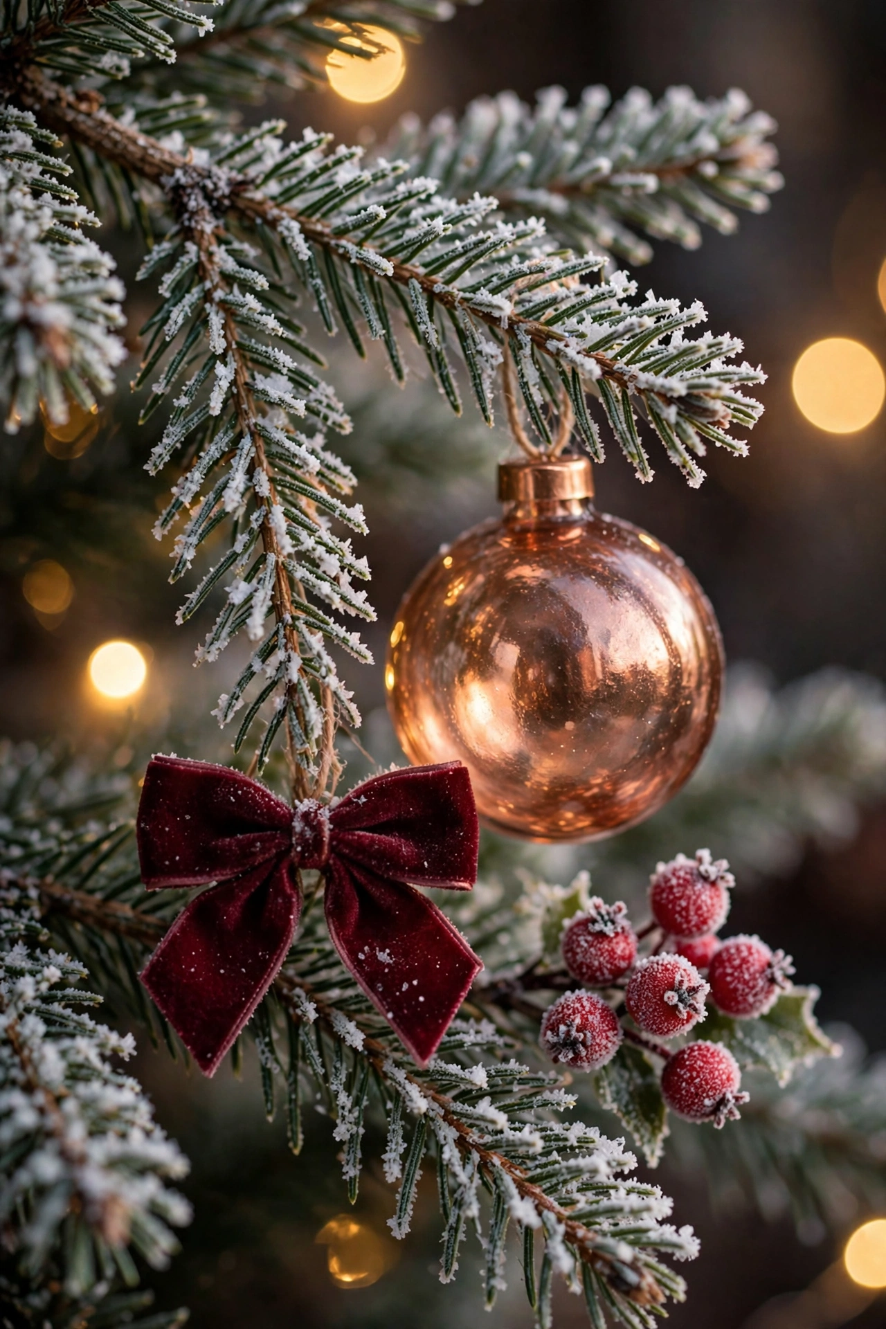 Close-up of a frosted Christmas tree branch with copper ornament and burgundy velvet bow