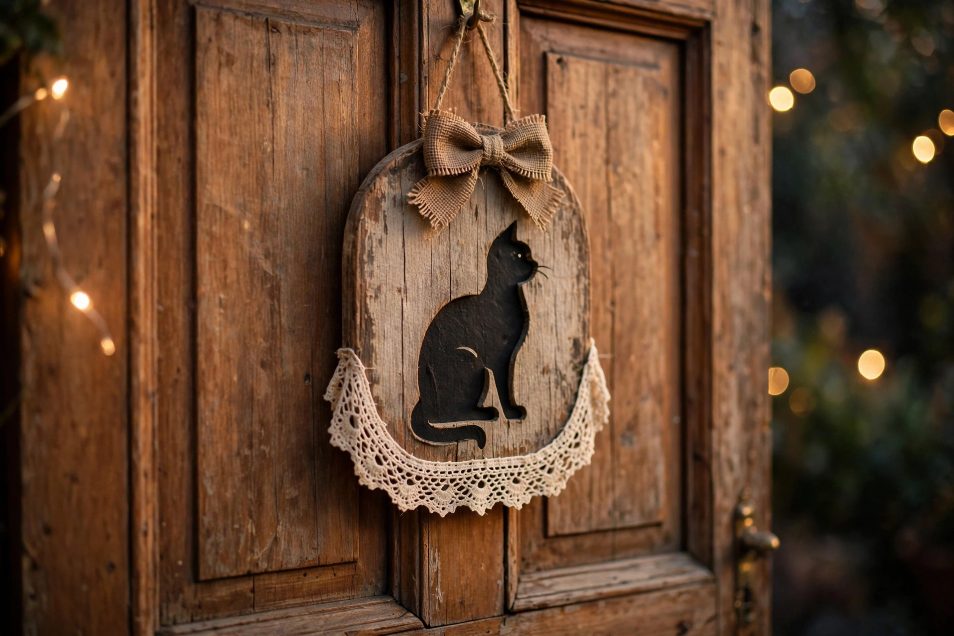 Handmade nostalgic Halloween door hanging with lace, aged wood and a black cat motif on a front door