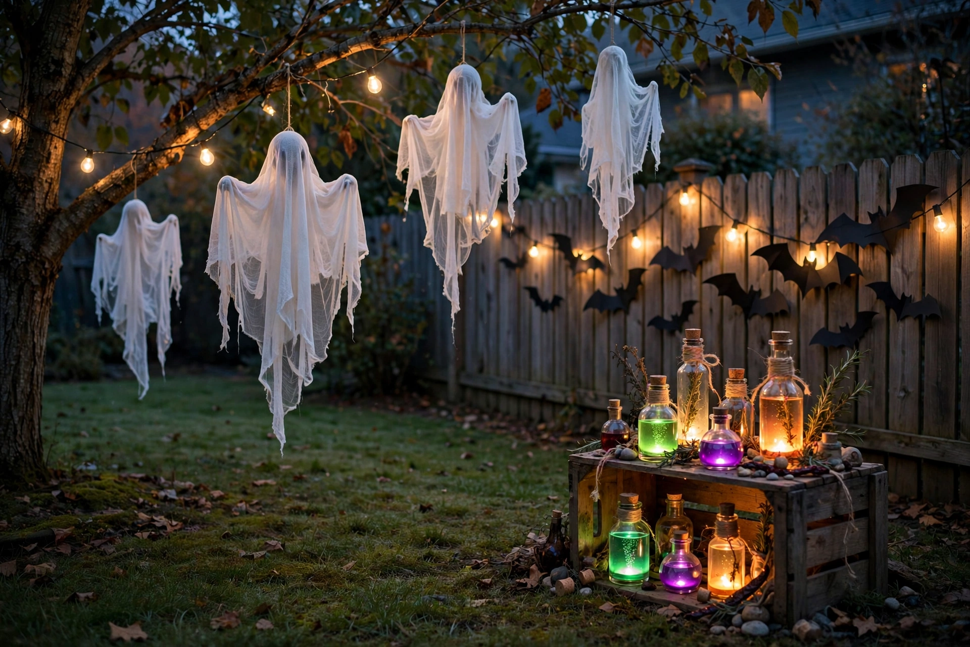 Budget DIY Halloween yard decorations with floating cheesecloth ghosts and potion bottles