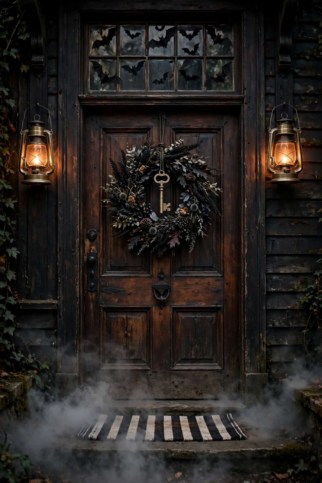 Haunted front door with black wreath and lanterns for scary halloween porch decorations