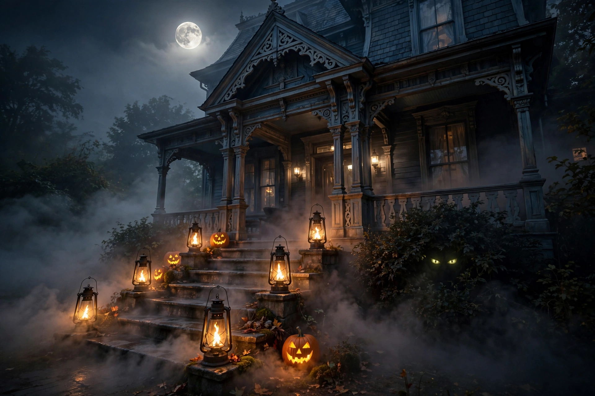 Fog and flickering lanterns with glowing eyes for scary halloween porch decorations