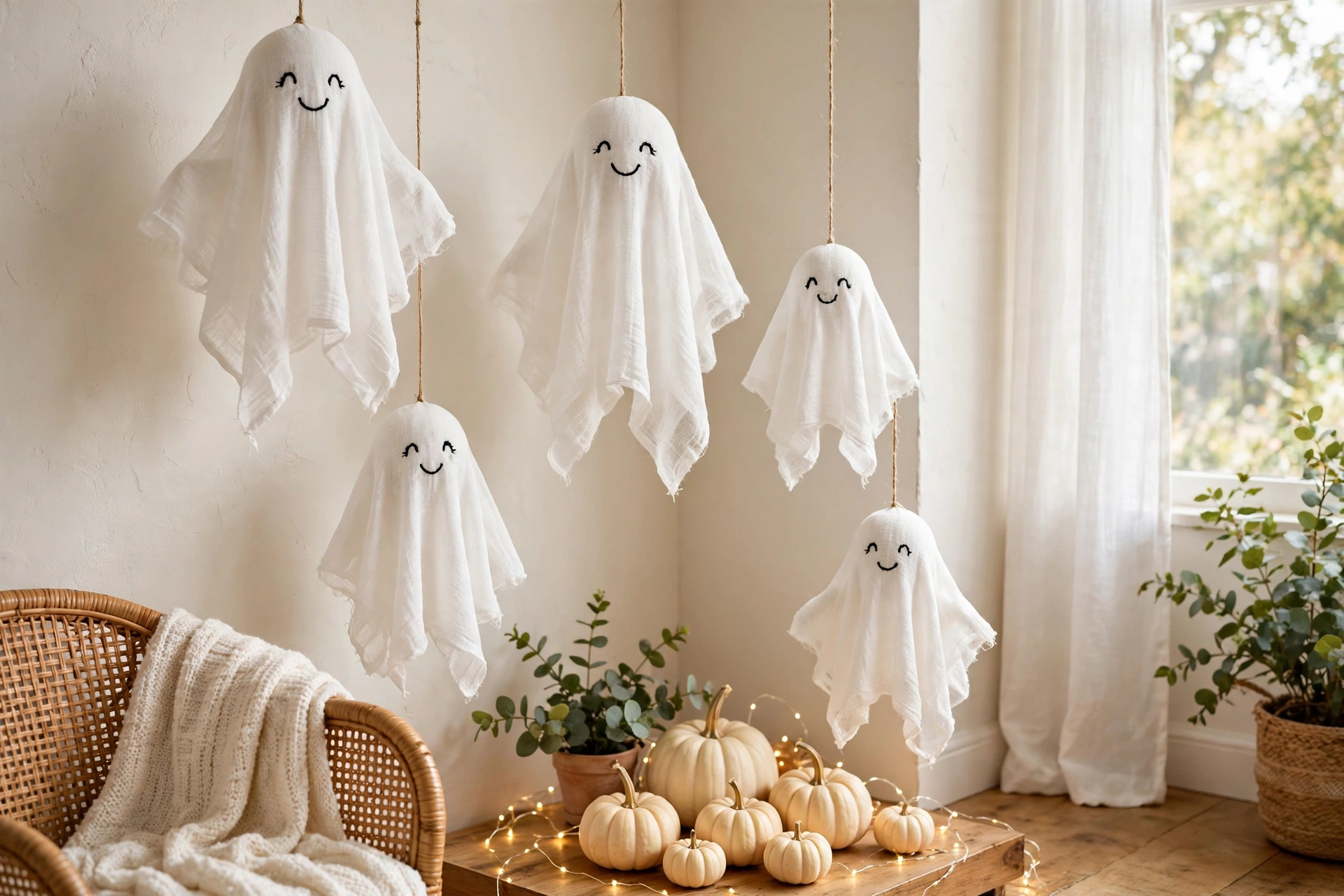 Cute friendly ghost halloween decorations in a cozy living room corner