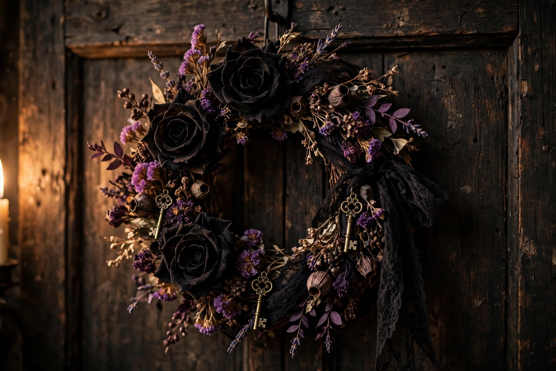 Dramatic Victorian-gothic wreath with black roses and dried flowers hanging on a dark wooden door