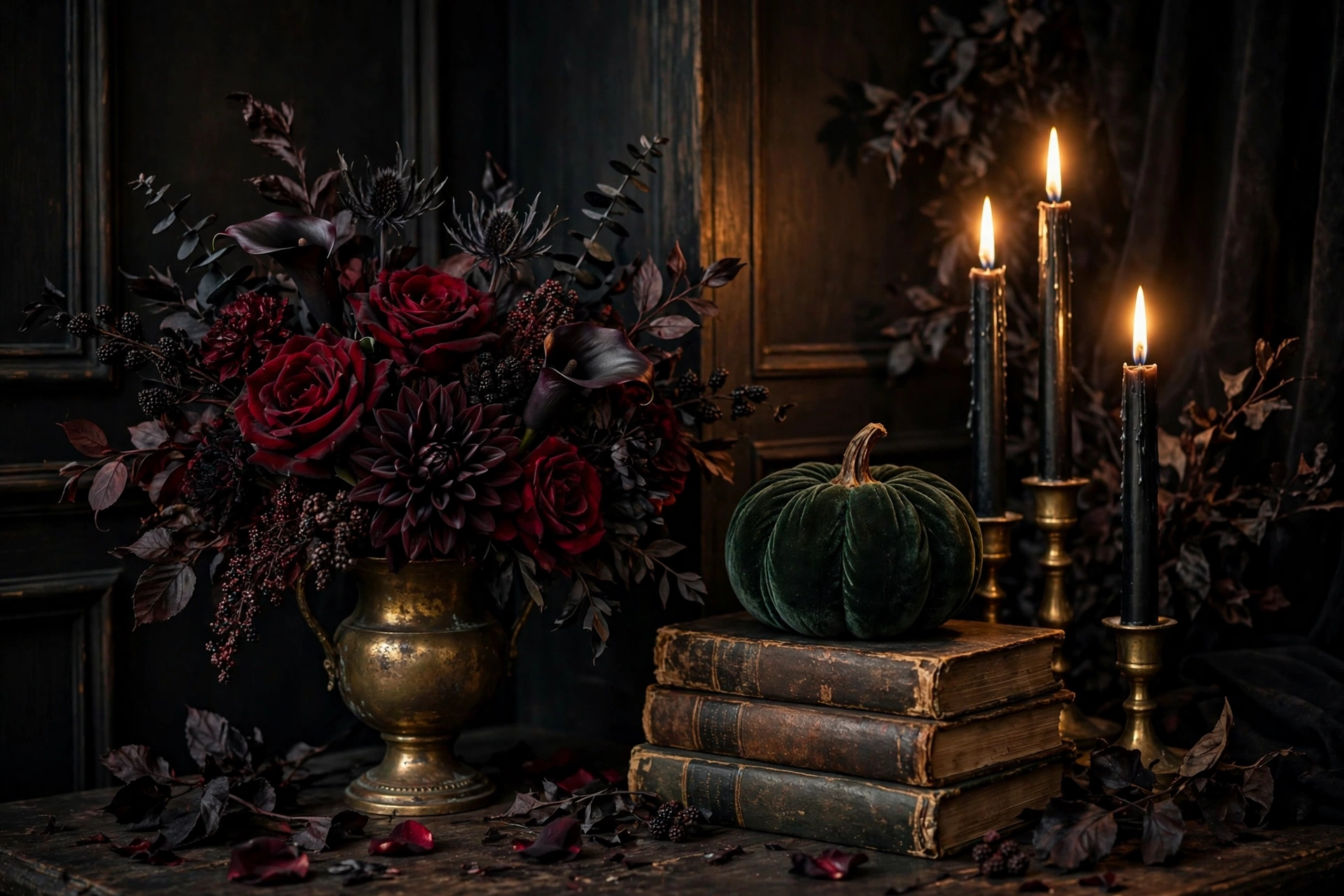 Gothic romance halloween decor with dark florals and black candles