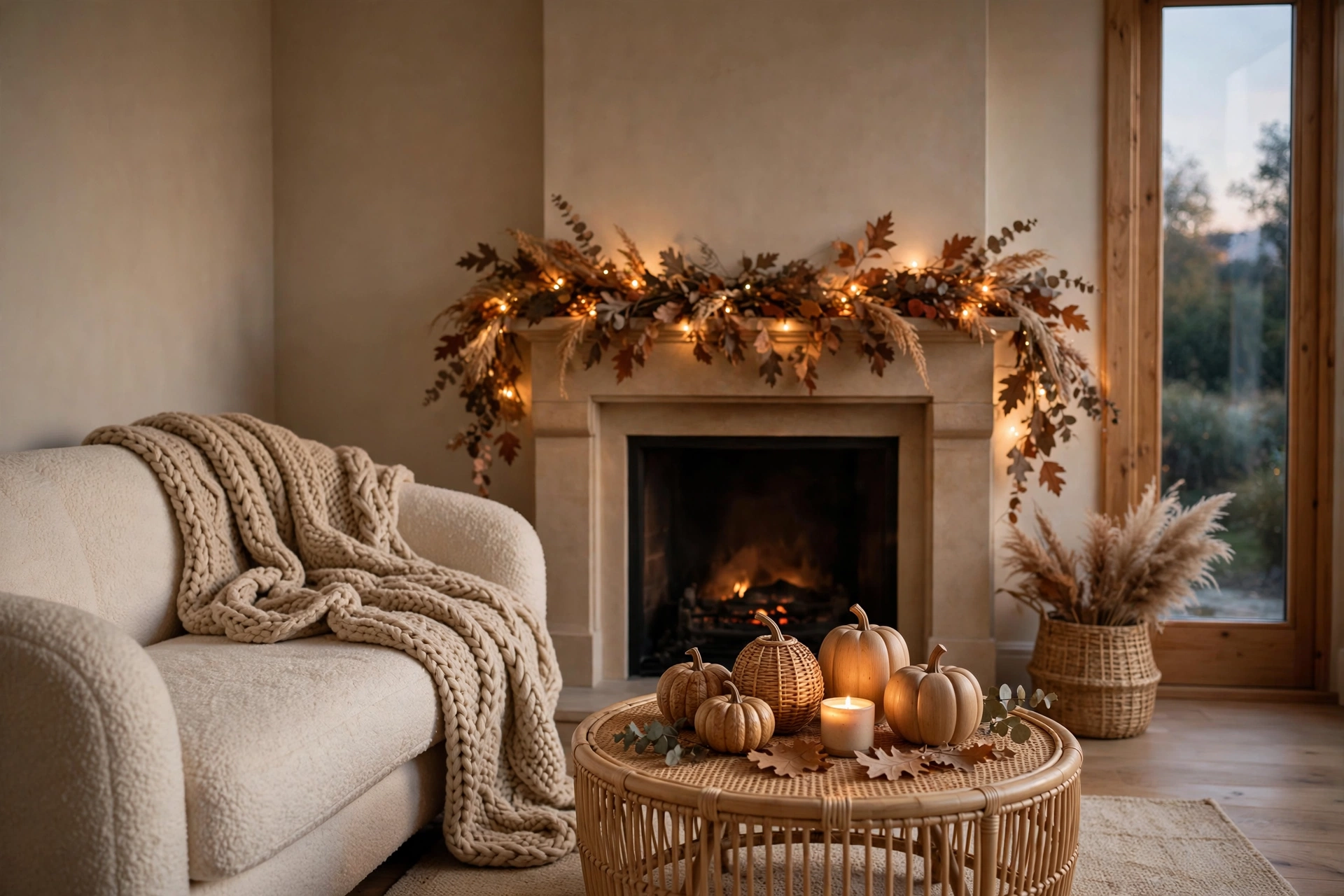 Cozy living room decorated with halloween home decor ideas in warm neutrals