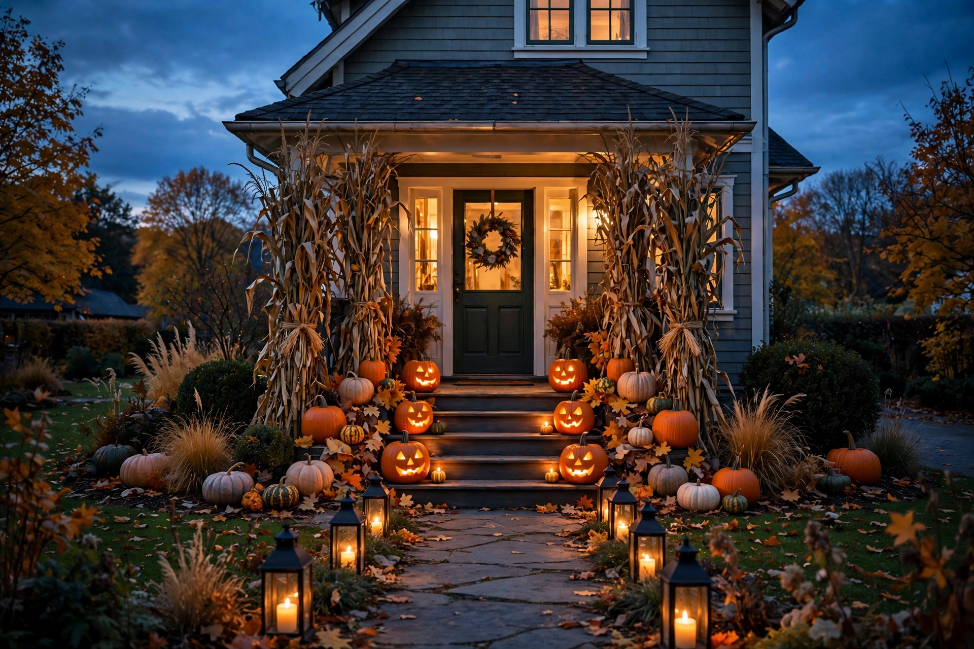Spooky halloween front yard decoration at dusk with glowing jack-o'-lanterns on the steps and lanterns along the path