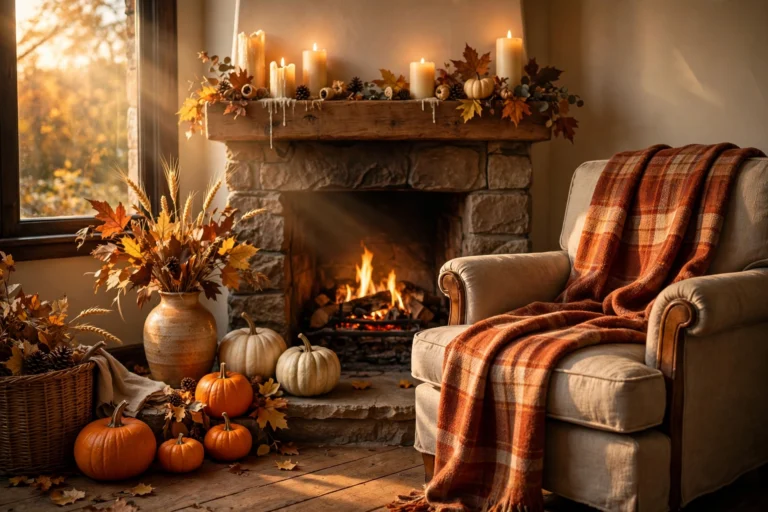 cozy fall halloween living room vignette with pumpkins, autumn leaves, glowing candles and a plaid throw in warm golden light