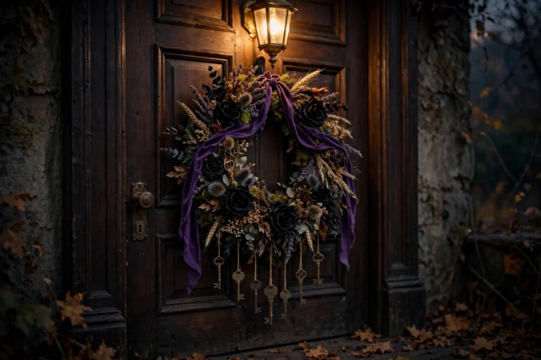 vintage gothic Halloween door hanger on a front door — ornate Victorian-style wreath with black roses, purple velvet ribbon and antique keys