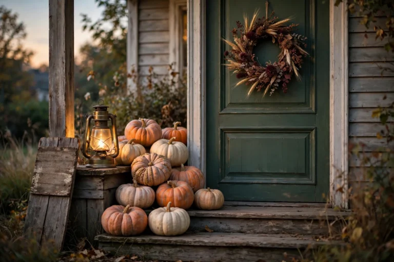 Vintage Halloween front porch decor at dusk — heirloom pumpkins, antique lantern and dried flower wreath on a green door