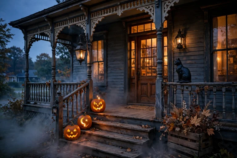 Spooky-stylish front porch decorated with scary halloween porch decorations at dusk