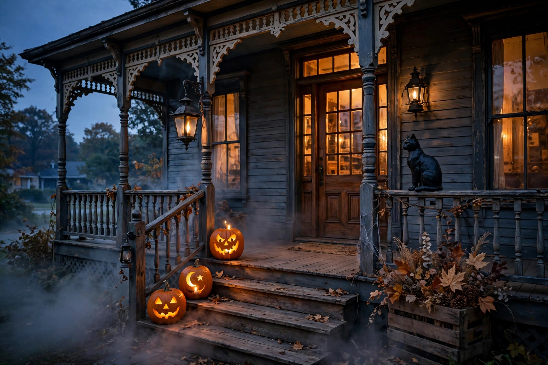Spooky-stylish front porch decorated with scary halloween porch decorations at dusk