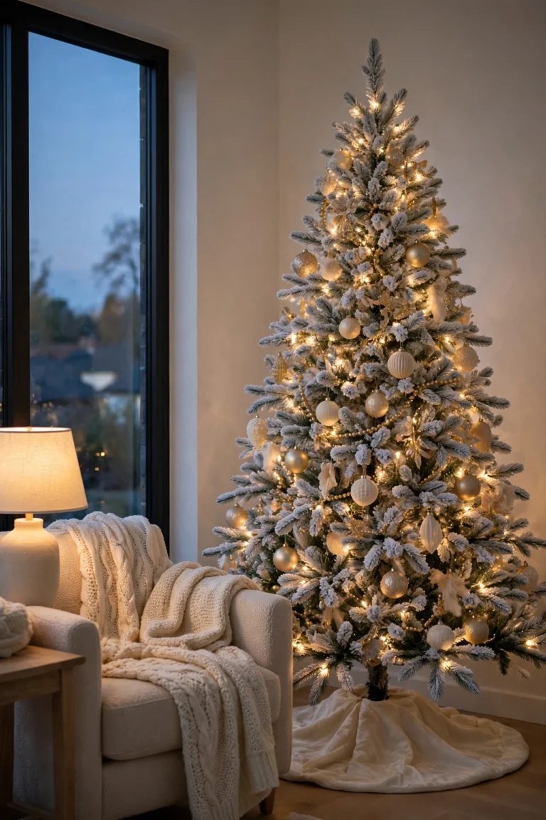 Frosted Christmas tree with warm white lights in a cozy living room