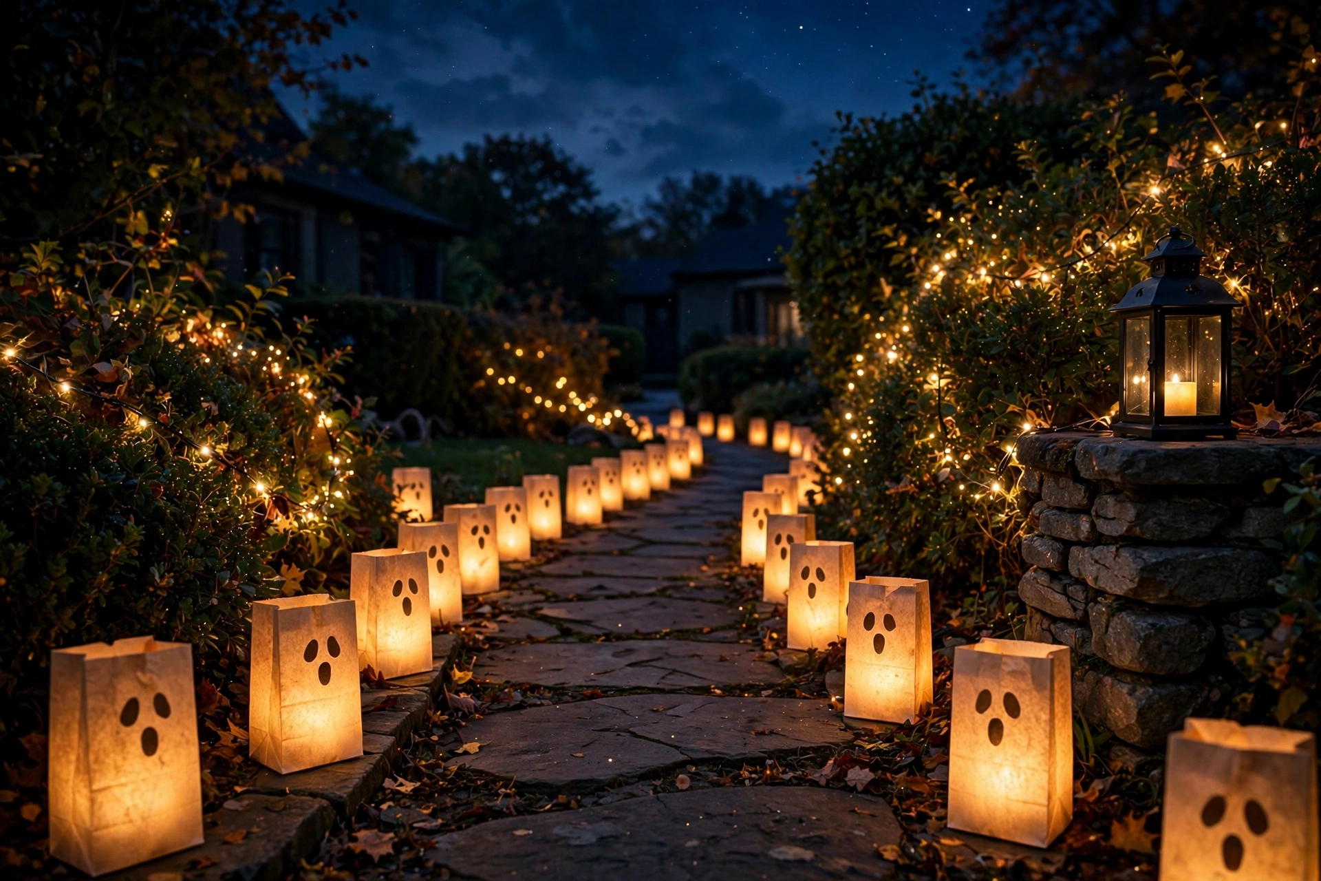 Glowing Halloween yard lighting with ghost luminaries and fairy lights along the path