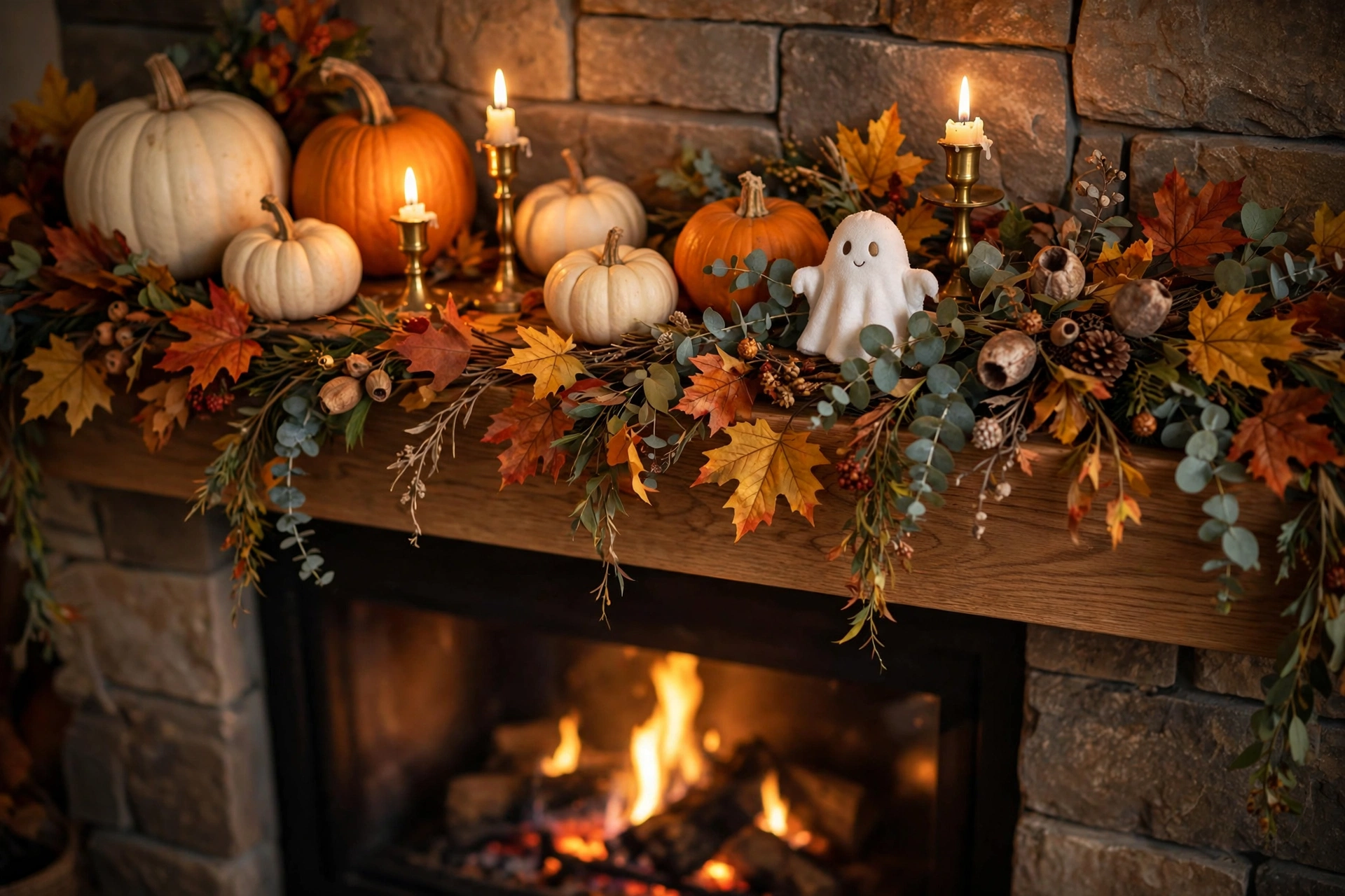 Cozy autumn fireplace mantel styled for Halloween with leaf garland, cream and orange pumpkins and glowing candles