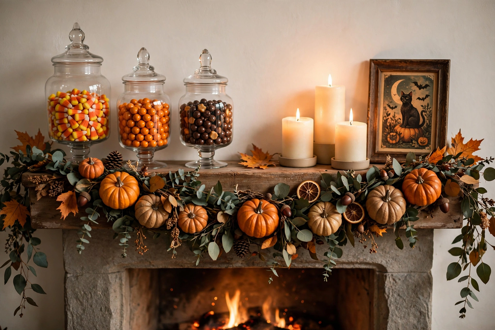 Halloween mantel decor ideas with garland, apothecary jars and candles