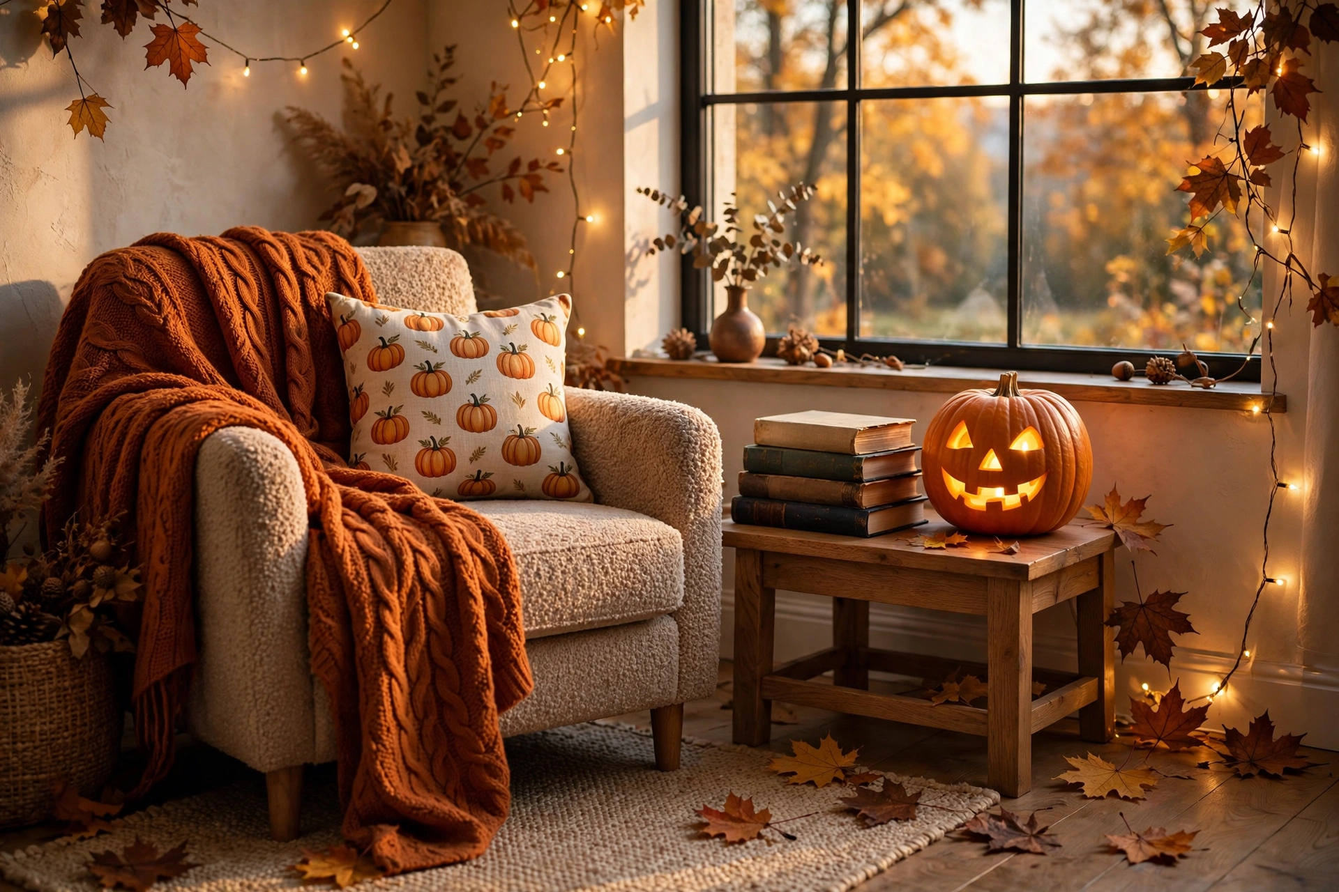 Cozy fall halloween reading nook with knit throw, pumpkin cushion, glowing jack-o'-lantern and warm fairy lights