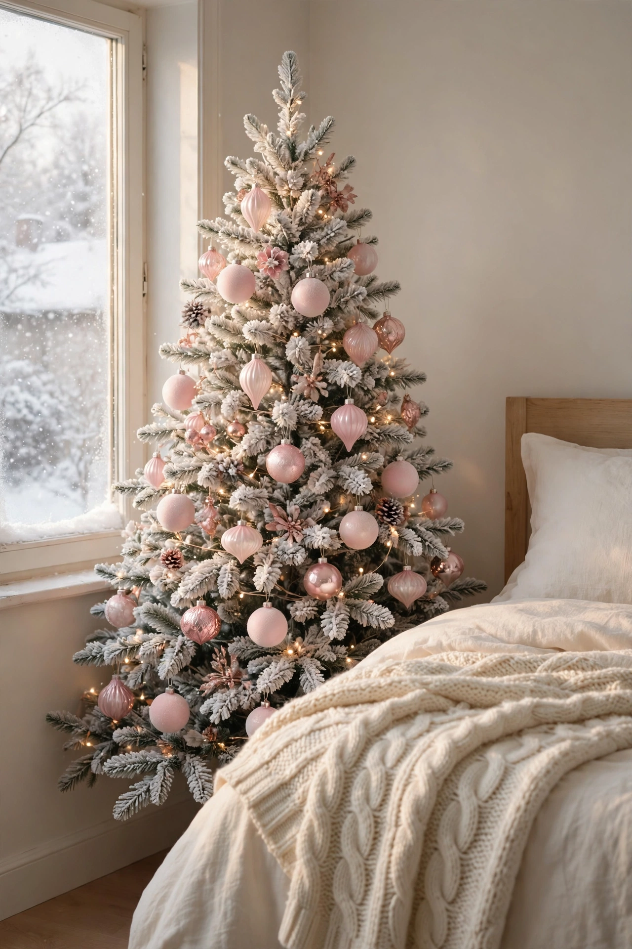 Blush pink frosted Christmas tree styled in a cozy bedroom