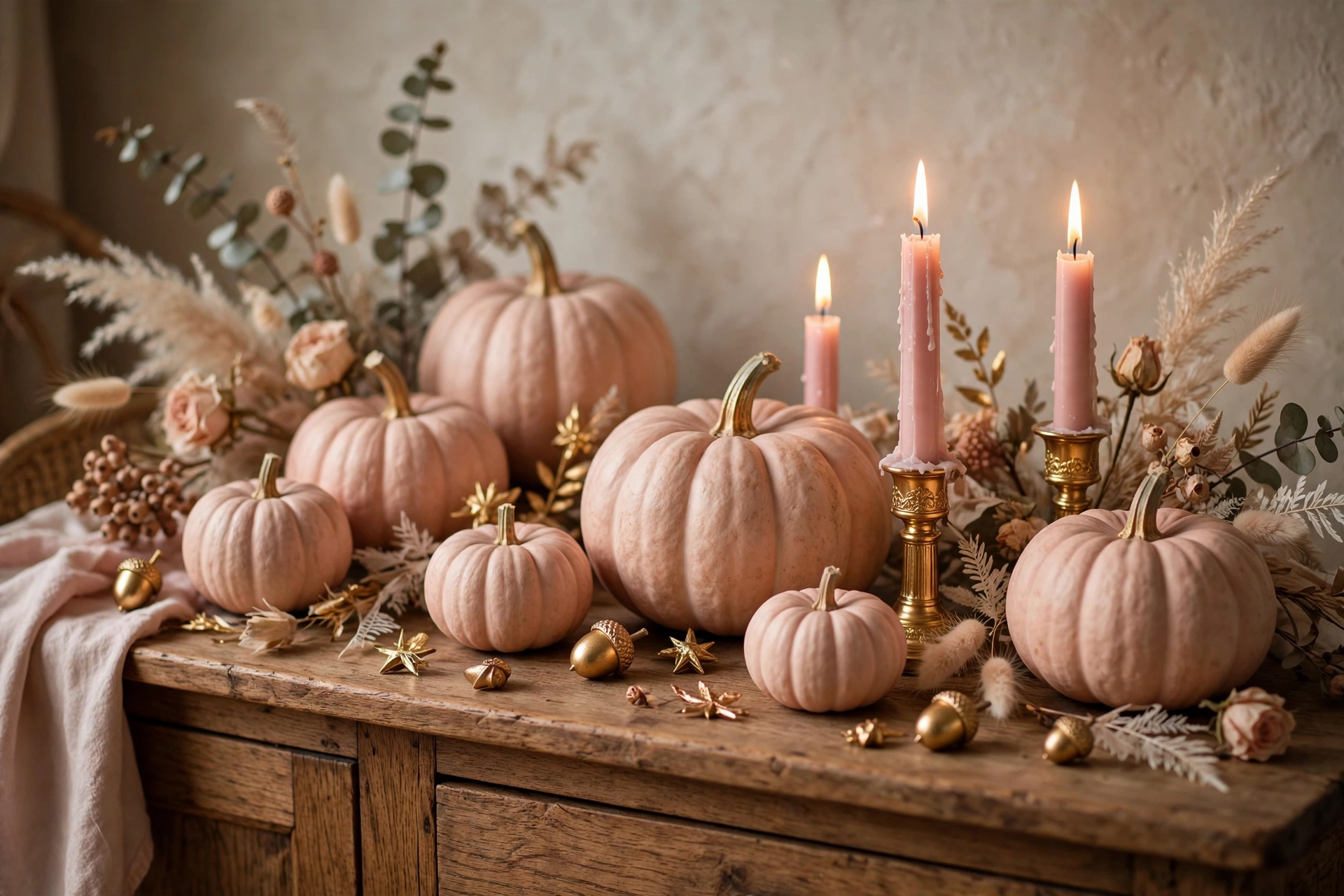 Pink halloween decor ideas with blush pumpkins and gold candle holders
