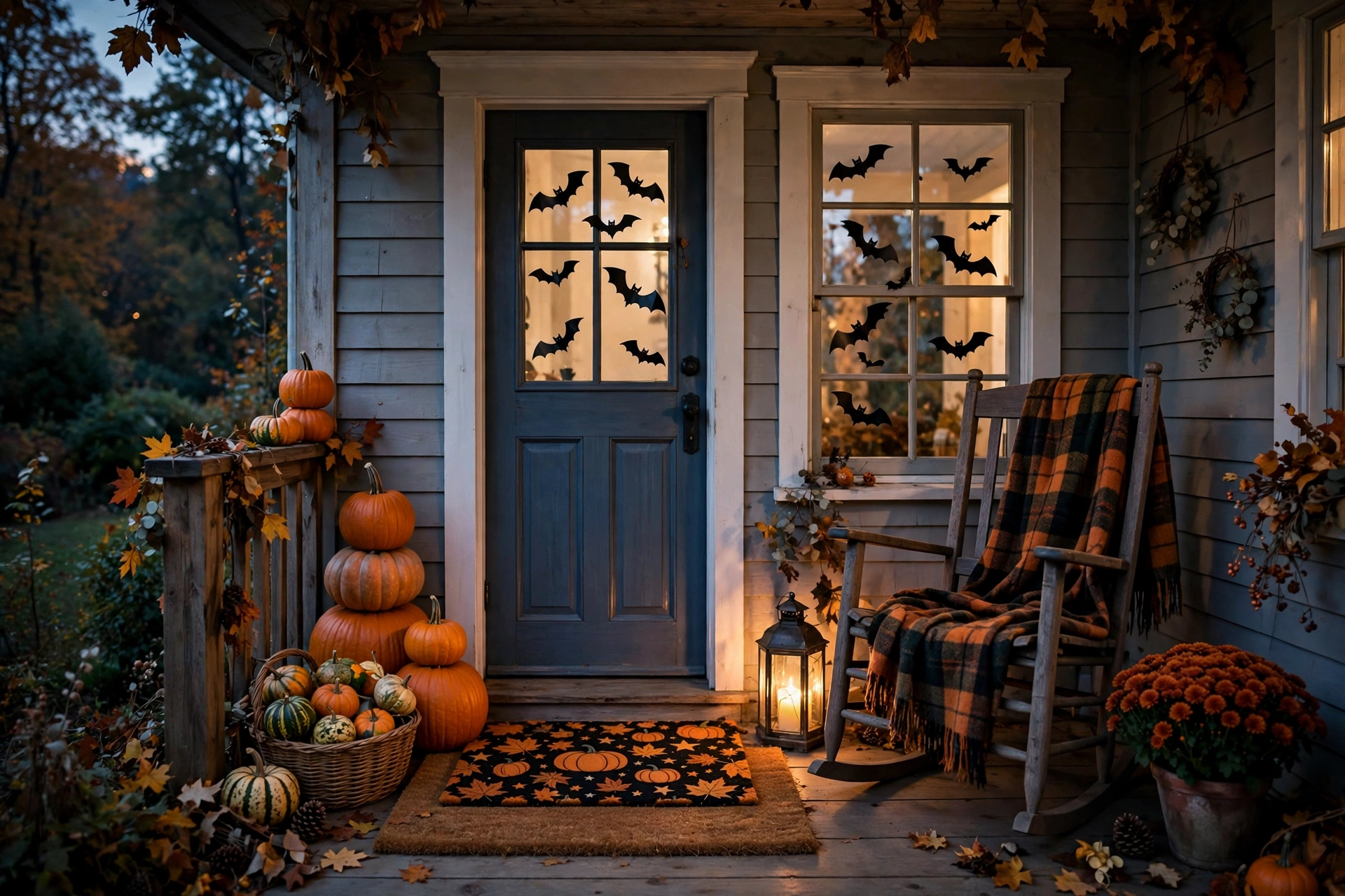 Creepy-cute Halloween porch decor with layered doormats, pumpkins and bat window silhouettes