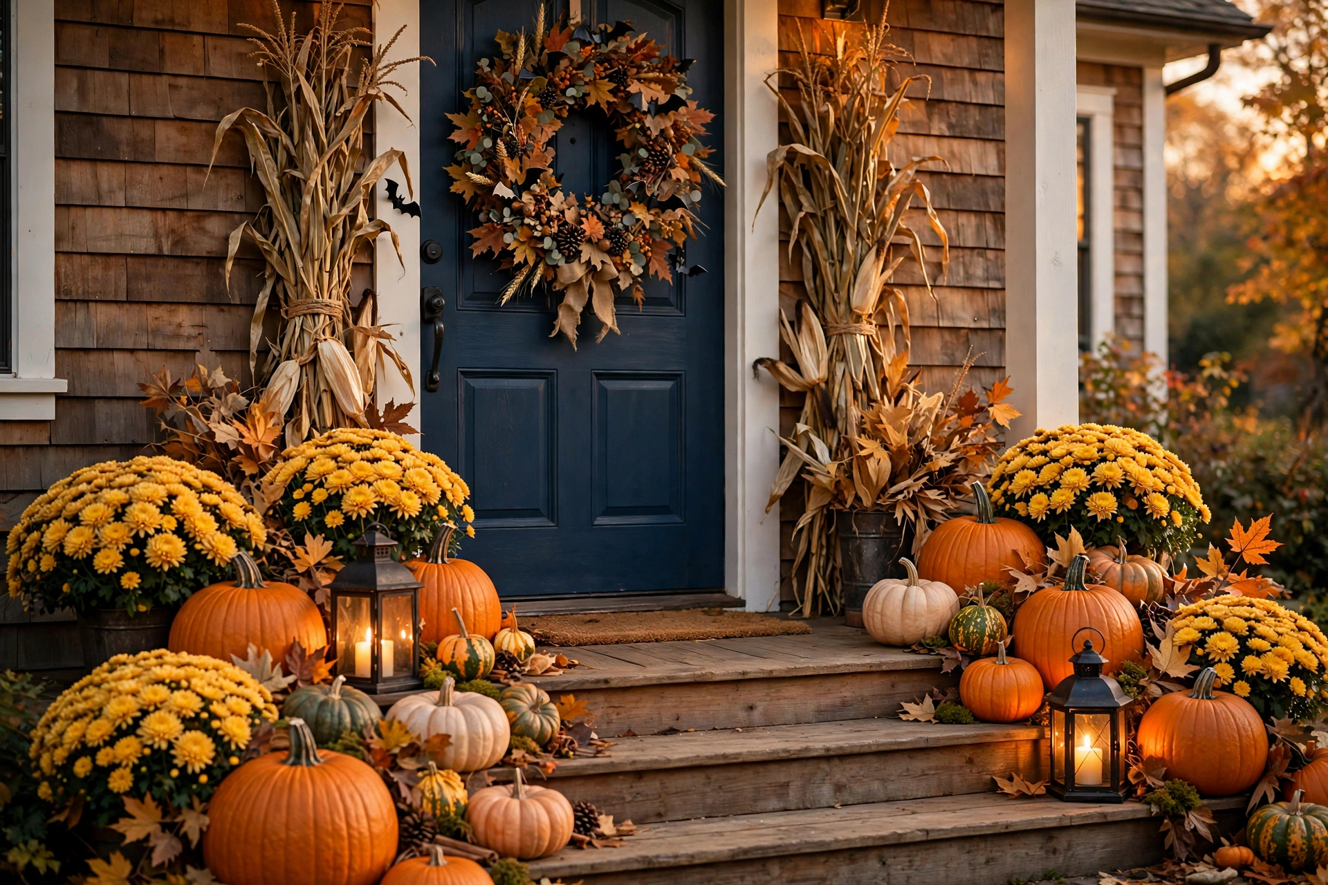 Warm fall halloween front porch with layered pumpkins, golden mums, lanterns and an autumn wreath on the door