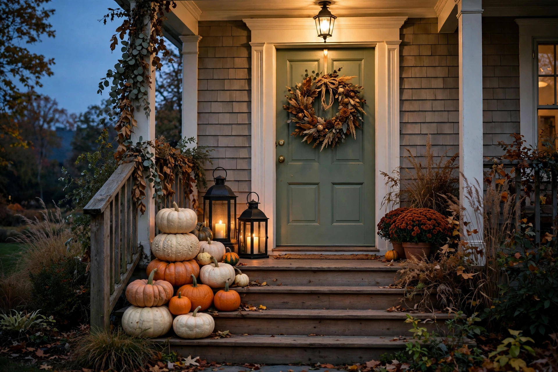 Halloween porch decor ideas with stacked pumpkins and glowing lanterns