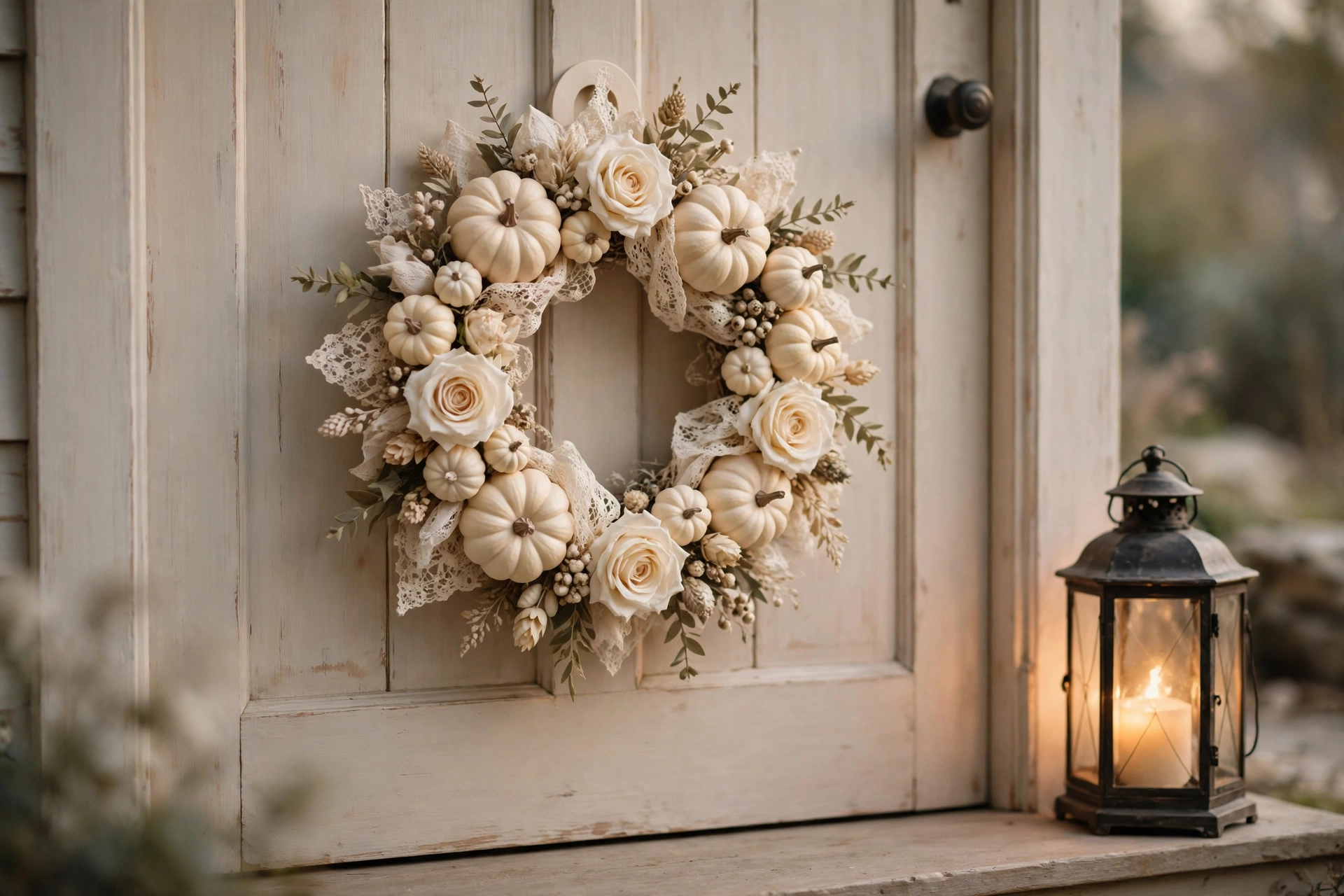 Pretty not-scary Halloween door hanger with cream pumpkins, soft lace and candles