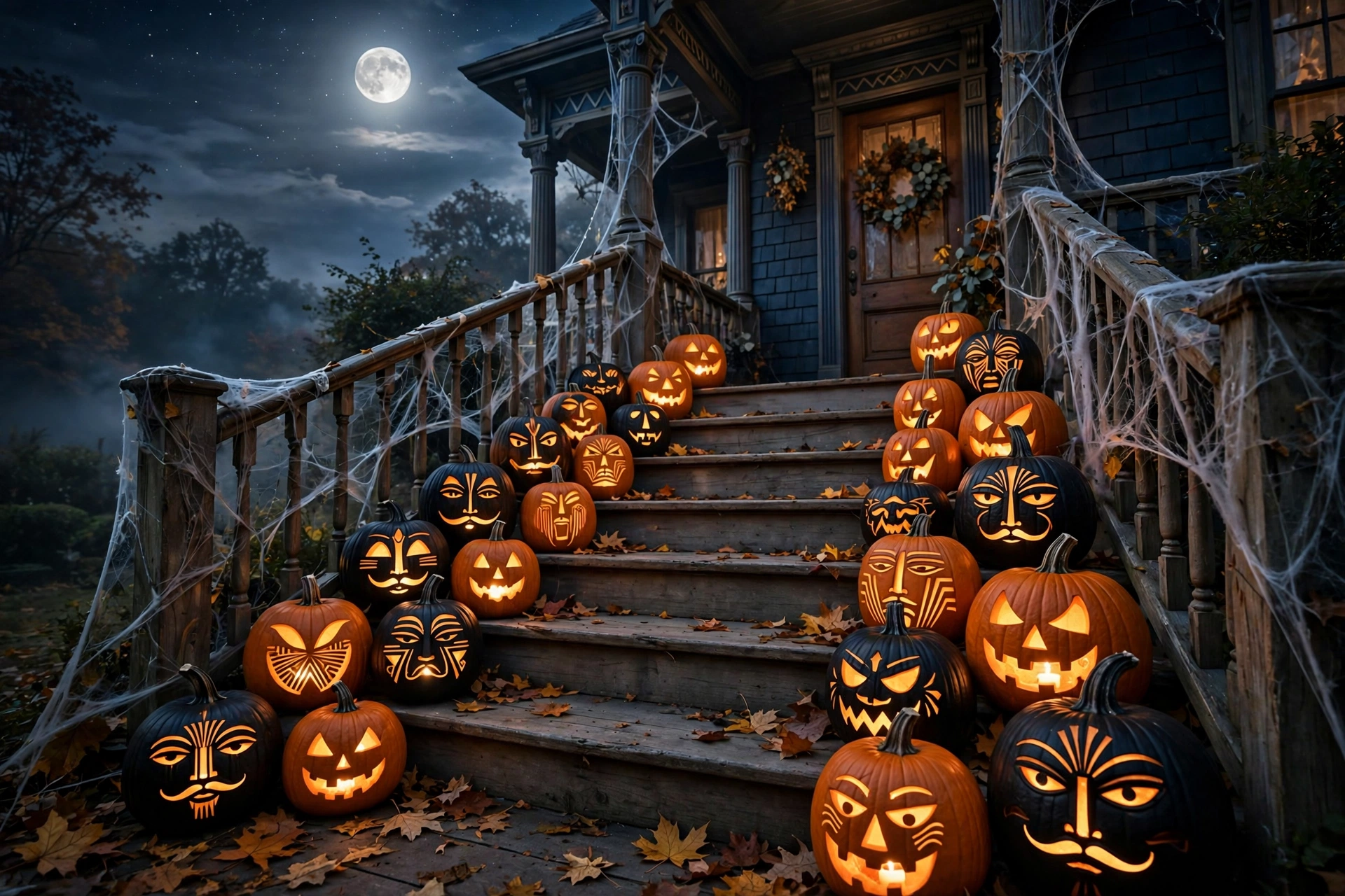 Black jack-o'-lanterns with vintage carved faces on porch steps for halloween