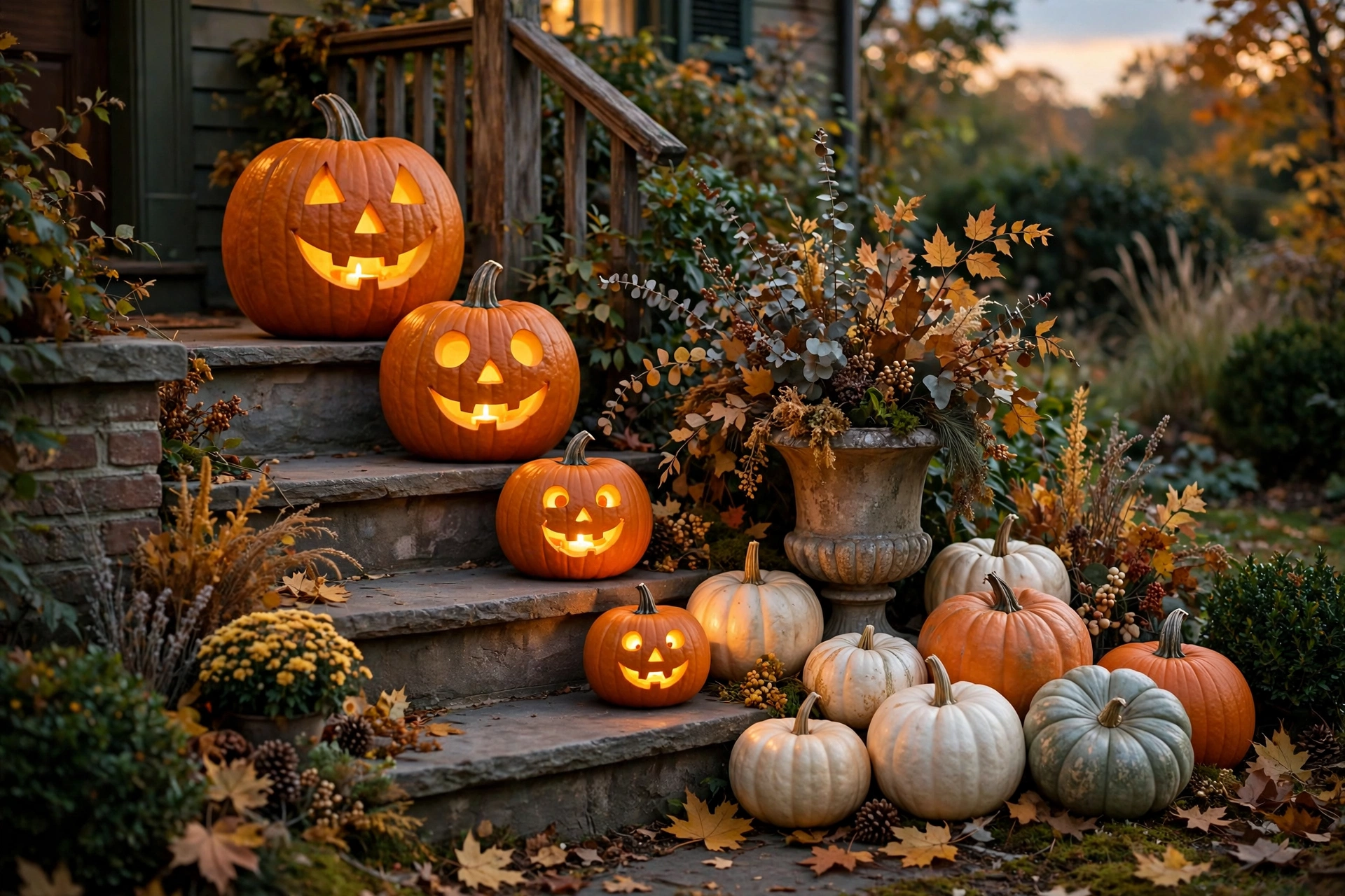 Heirloom pumpkin display with glowing jack-o'-lanterns for halloween front yard decor