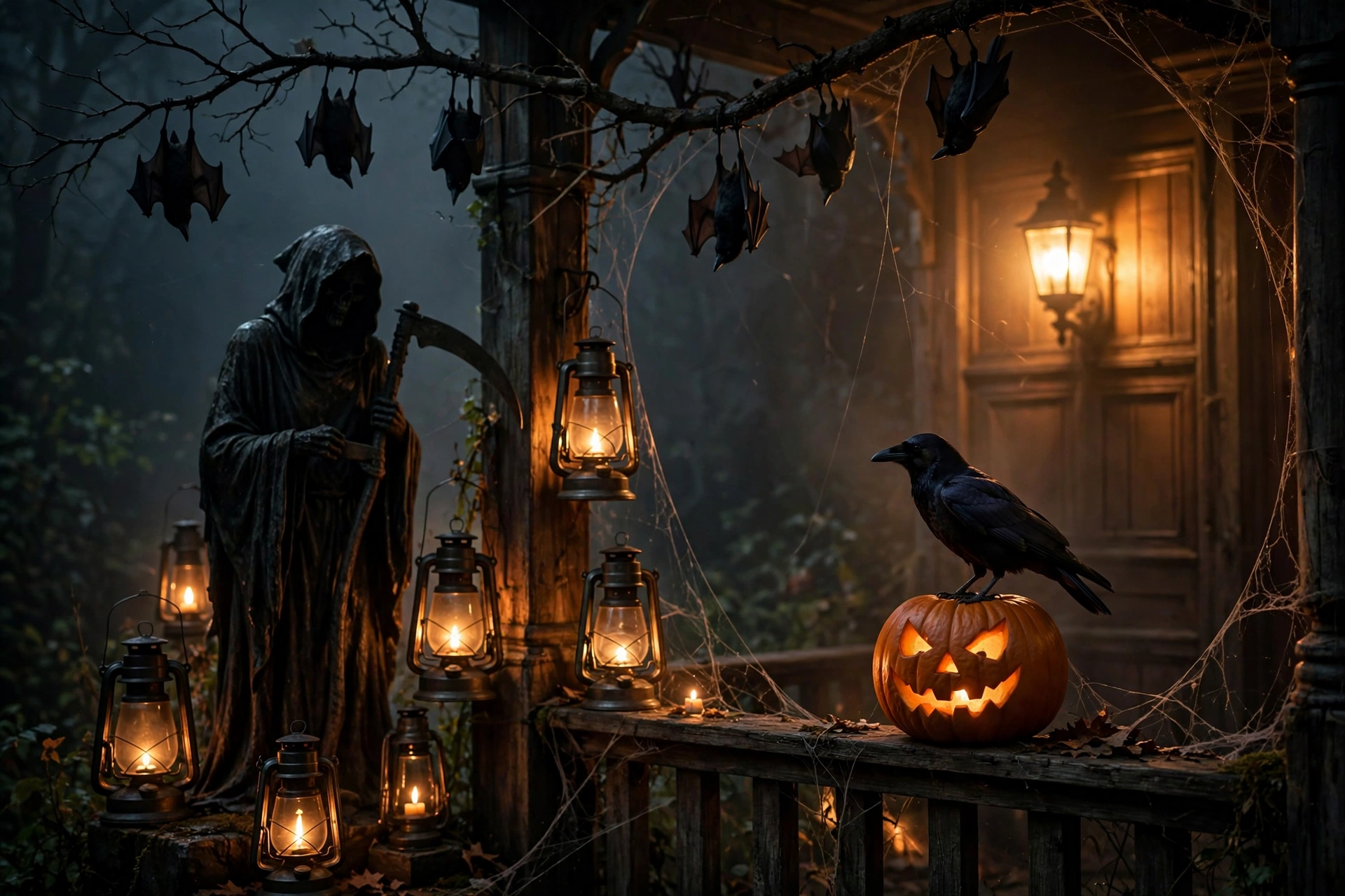 Vintage reaper silhouette and black crow scary halloween porch decorations