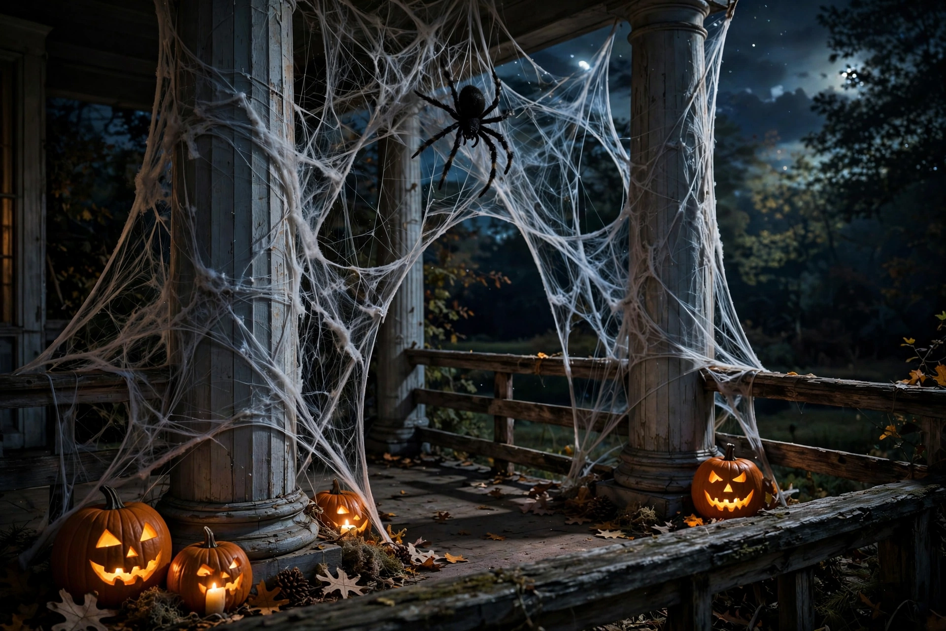 Giant spider and webs wrapped around porch columns for halloween porch decor