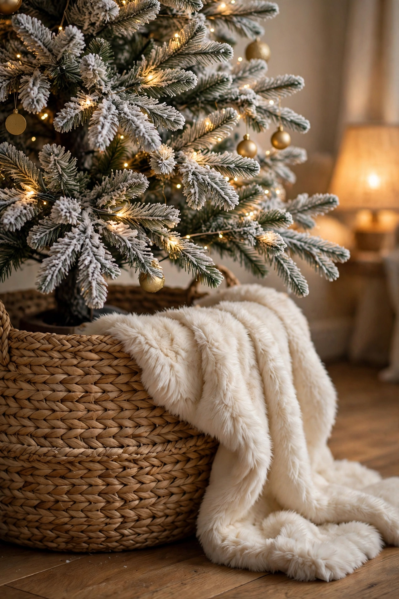 Frosted Christmas tree styled in a woven seagrass basket with a faux fur throw