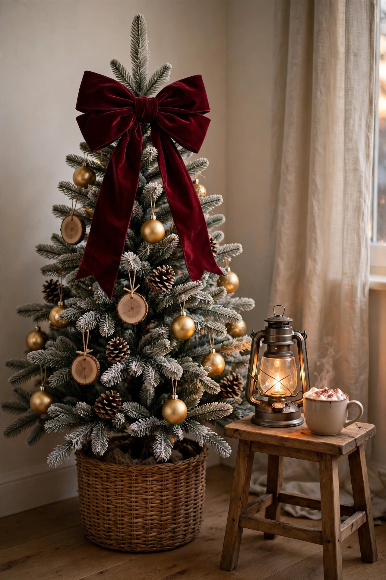 Frosted Christmas tree with oversized burgundy velvet bow topper in a woven basket