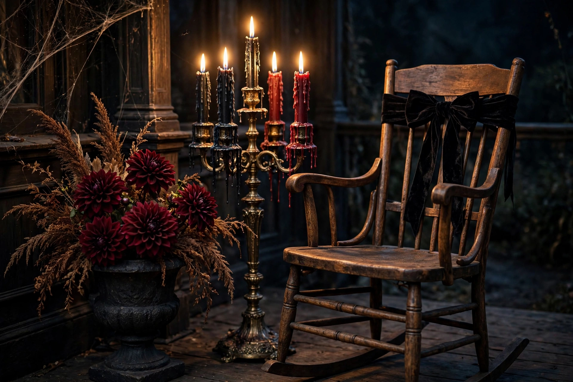 Victorian gothic candelabra and dark florals for scary halloween porch decorations