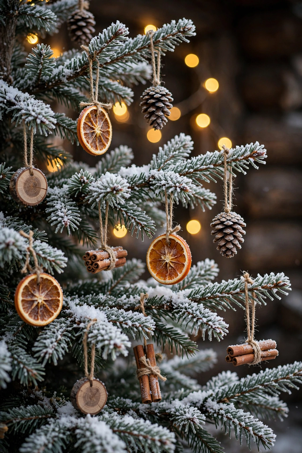 Frosted Christmas tree branches decorated with dried orange slices, pinecones and cinnamon bundles