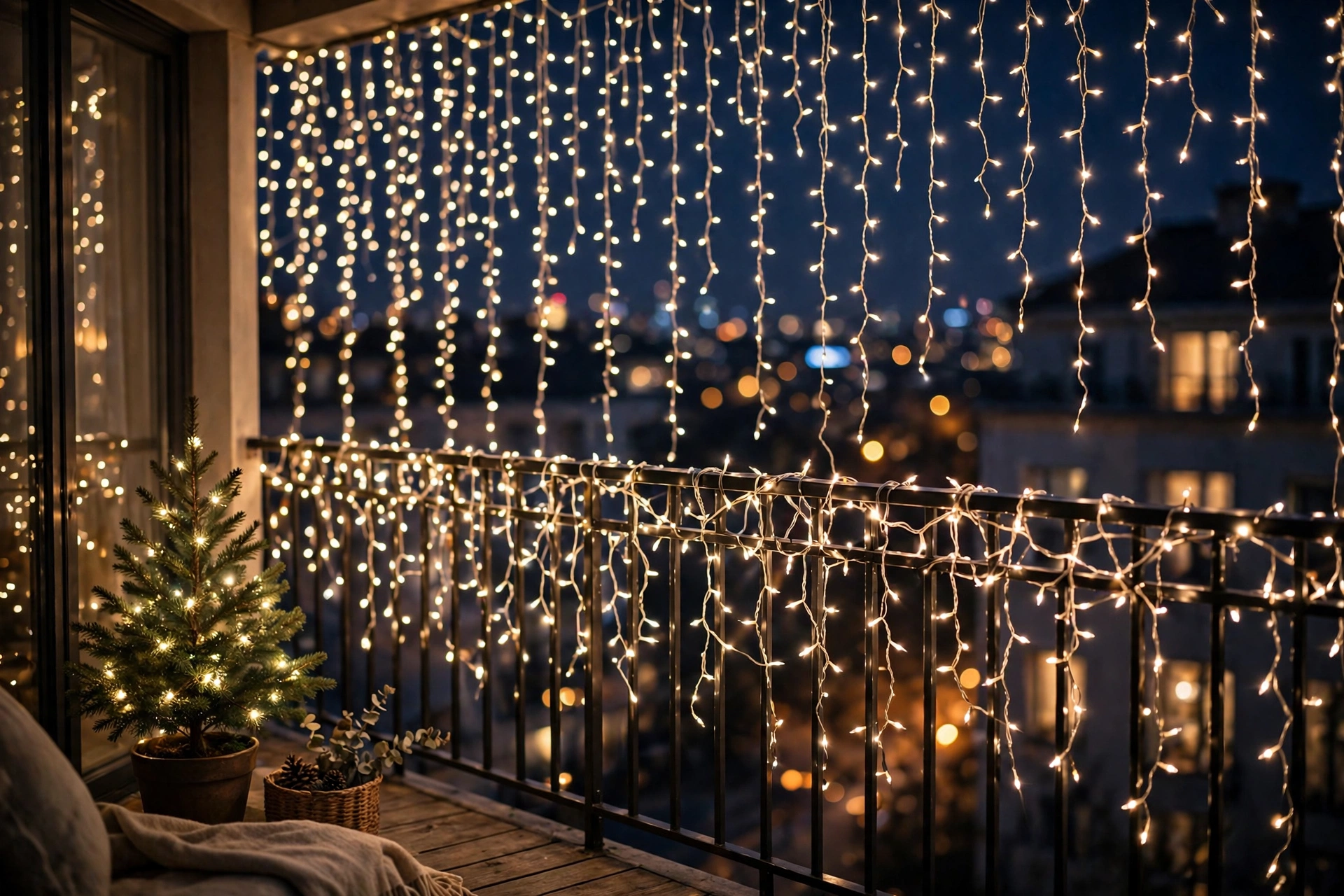 A balcony railing wrapped in warm fairy lights with a curtain of lights — a glowing wall of light.
