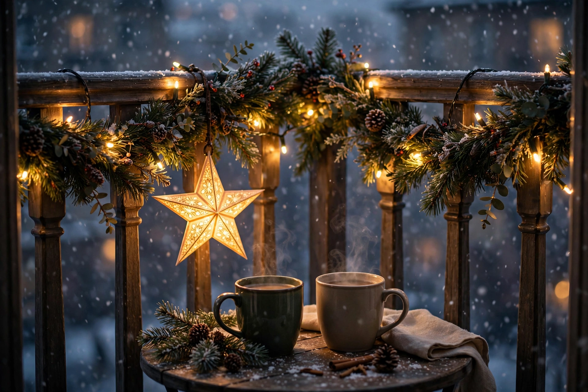 Balcony railing wrapped in golden lights with pine garland and a glowing star lantern.