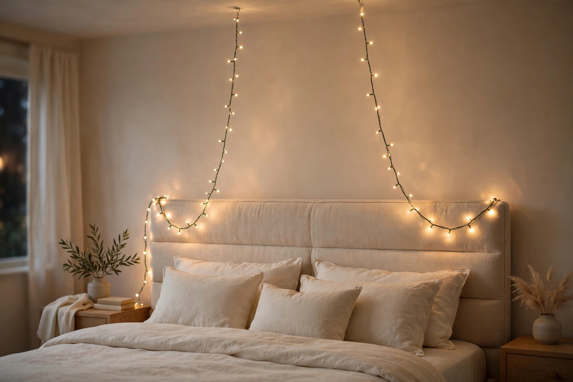 Warm fairy lights draped across a headboard and falling from the ceiling — a glowing canopy over the bed.
