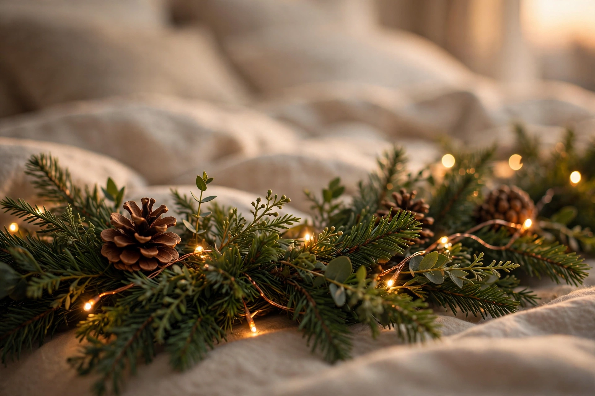 Fairy lights woven through a green garland at the foot of the bed — festive glow in five minutes.