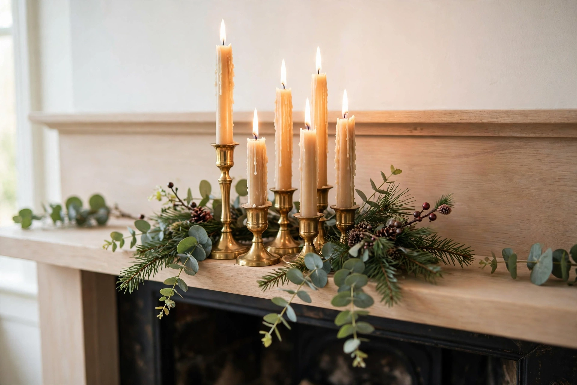 Taper candles in mixed holders on a christmas mantel — cozy christmas mantel decor