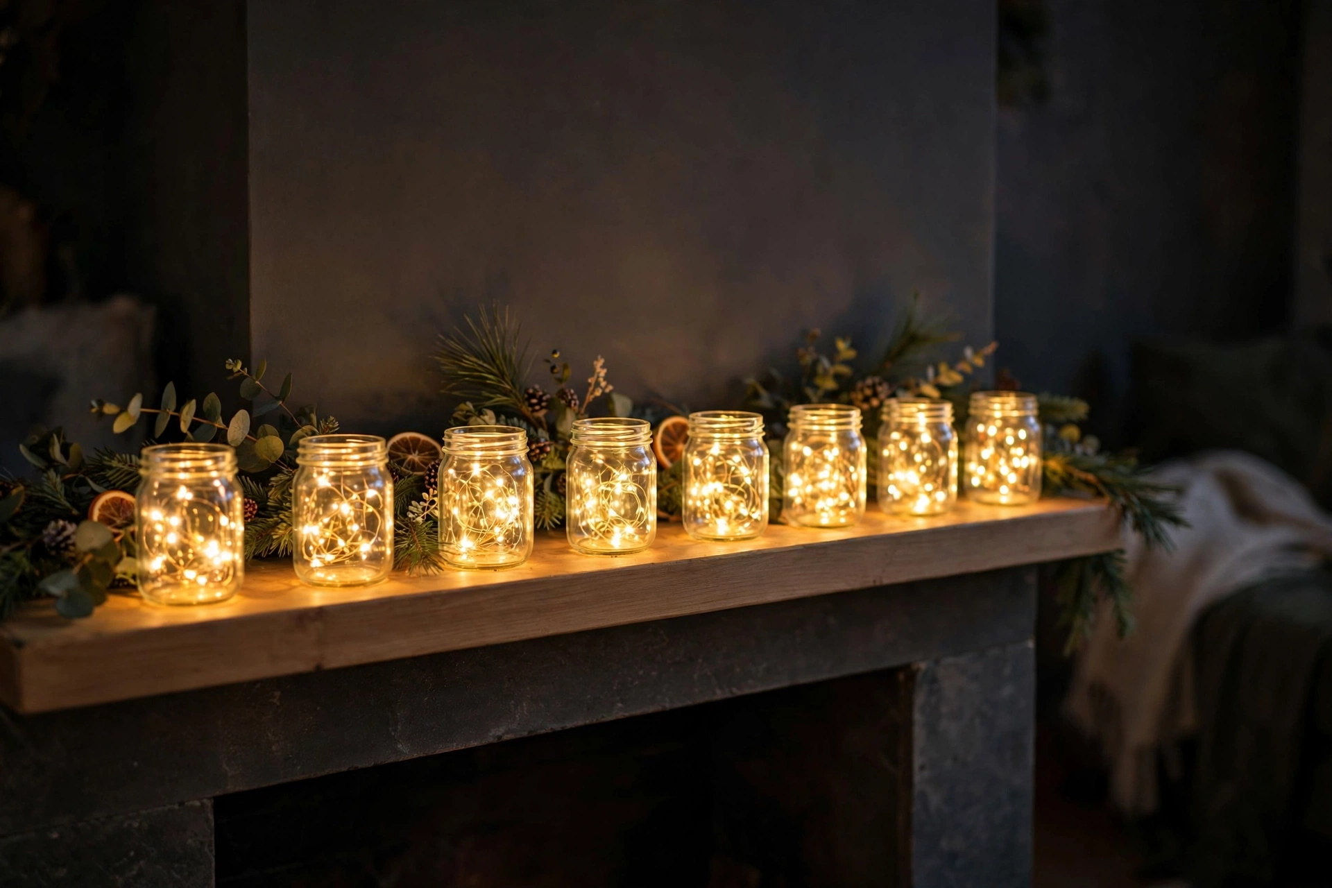 Fairy lights coiled in a glass jar on the mantel — christmas mantel decor ideas 2026