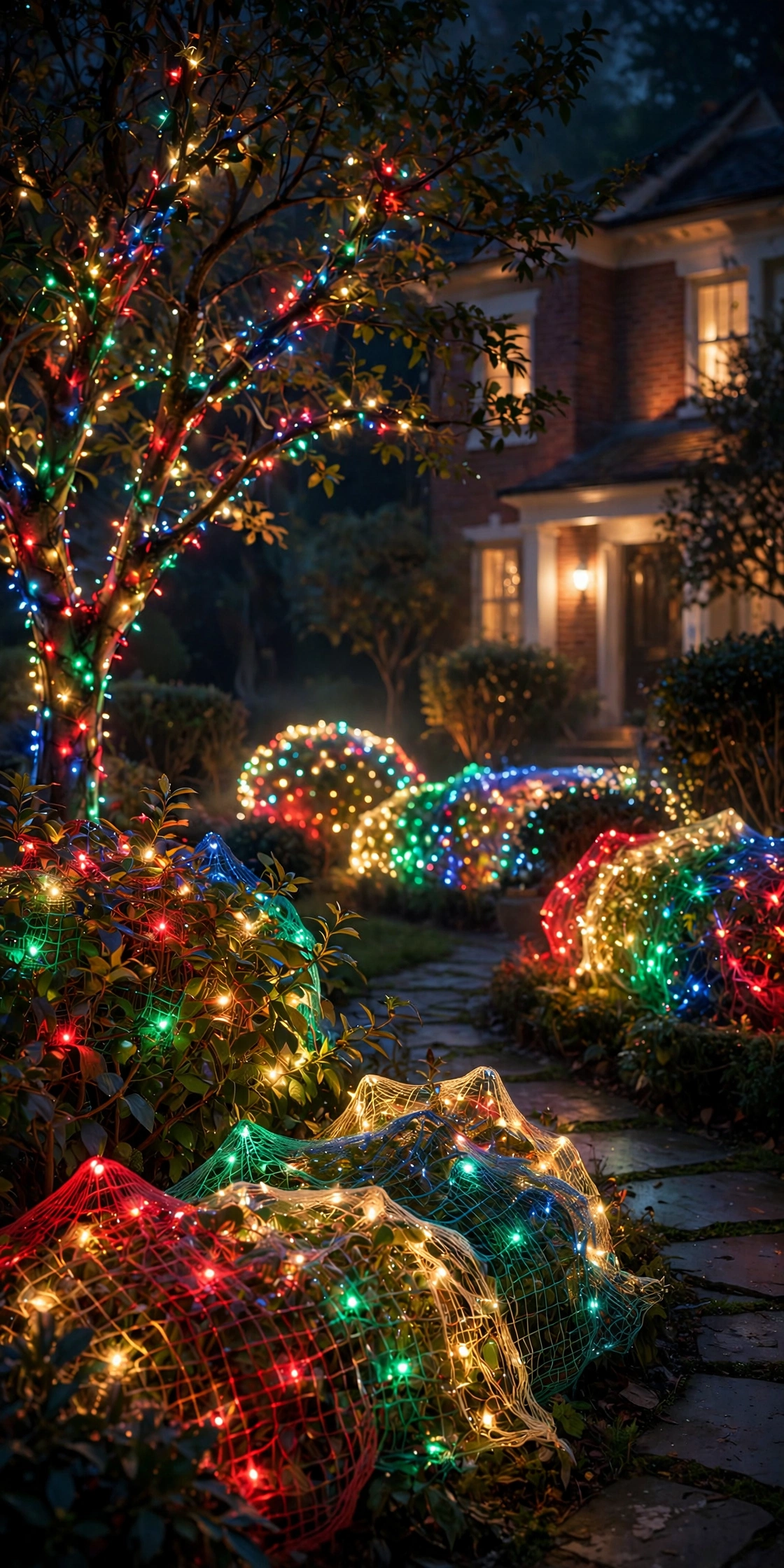 Garden trees wrapped in colorful net lights — one net per bush, under a minute each.