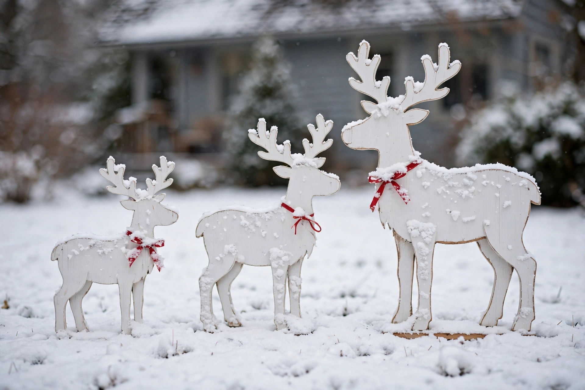 Handmade plywood reindeer family standing on a snowy front lawn — diy christmas yard decorations