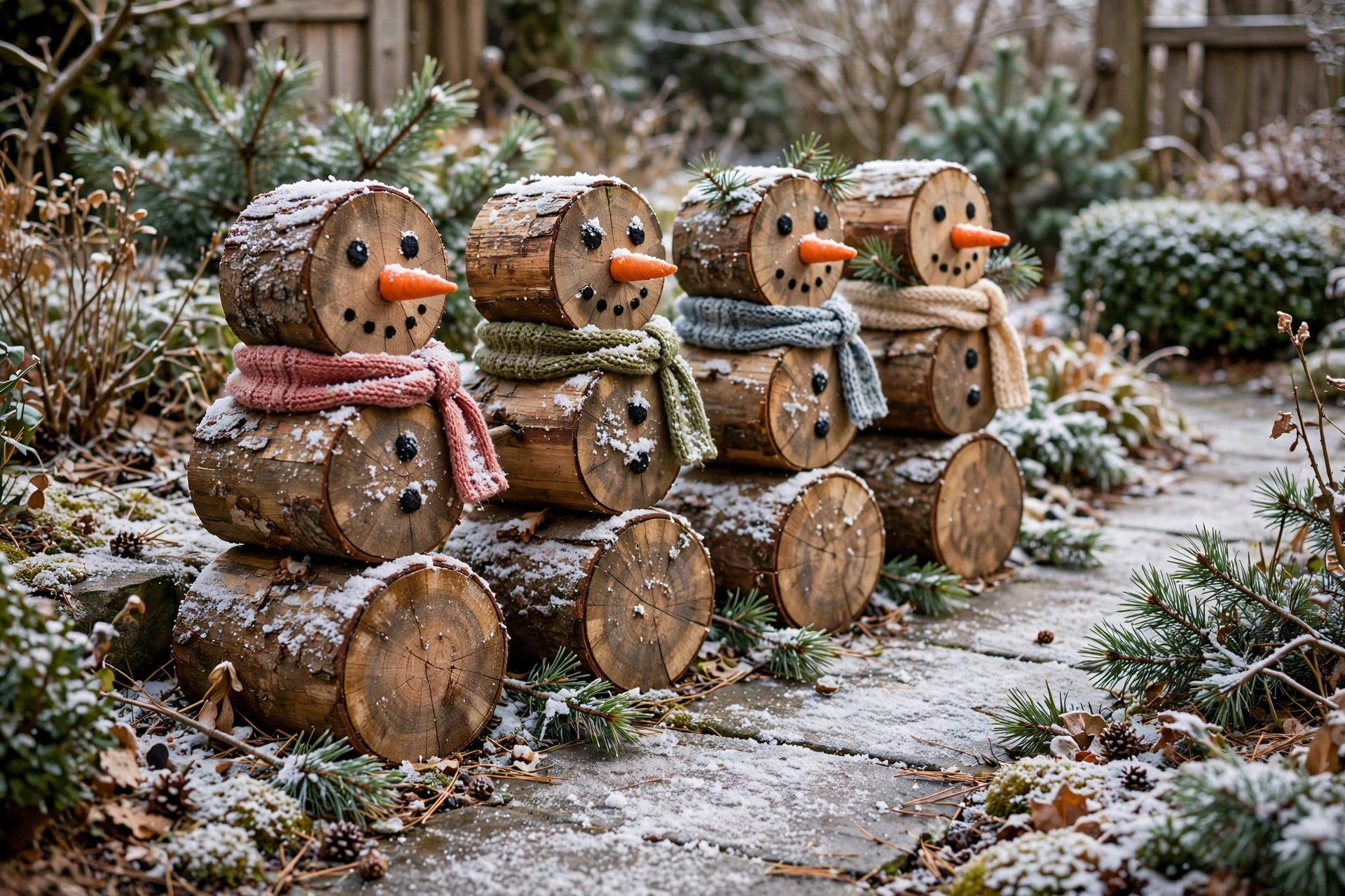 Stacked log snowmen beside a garden walkway with pine sprigs — handmade christmas yard decor