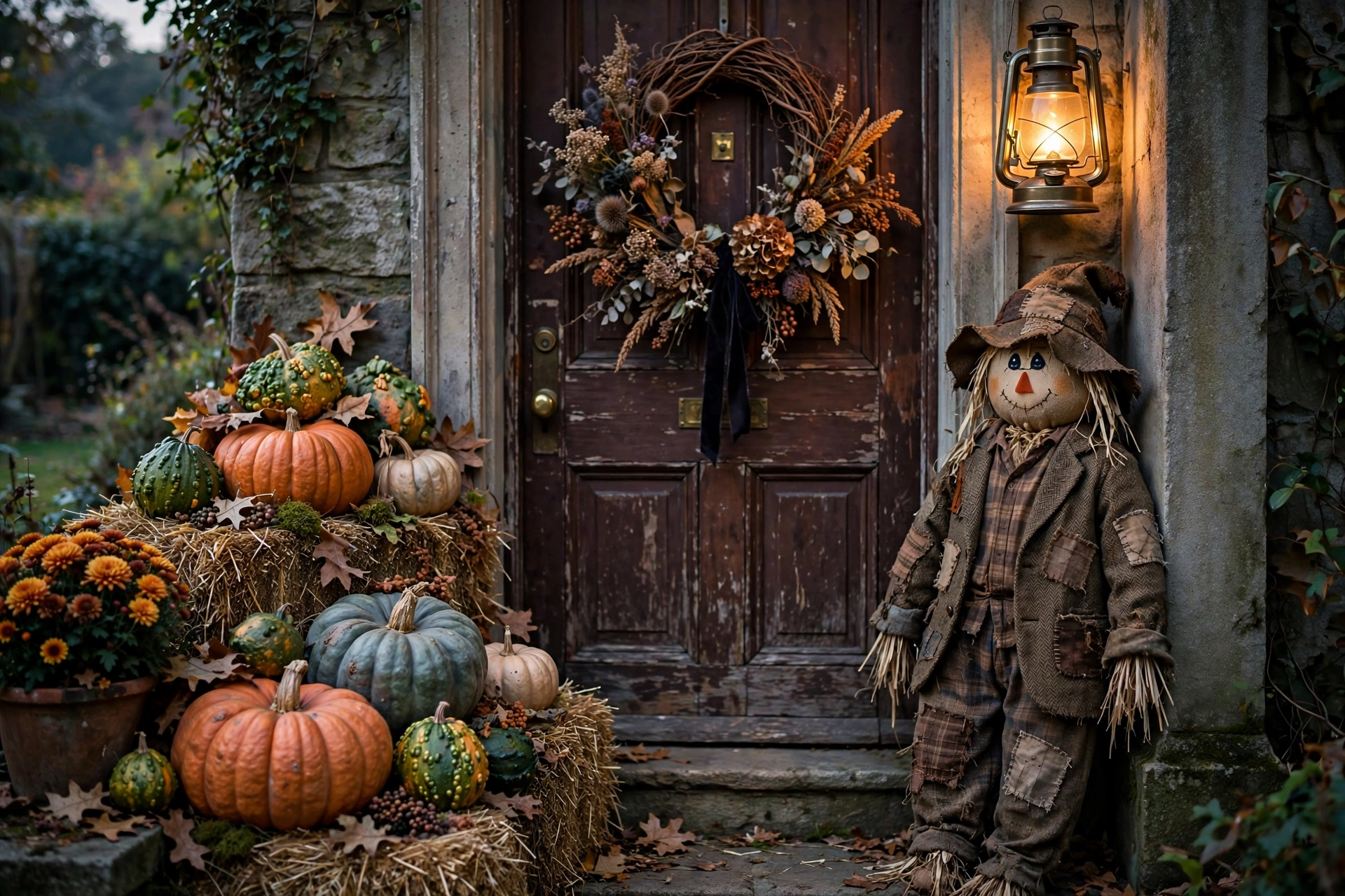 Handmade vintage scarecrow and straw bale Halloween display — diy halloween decor ideas