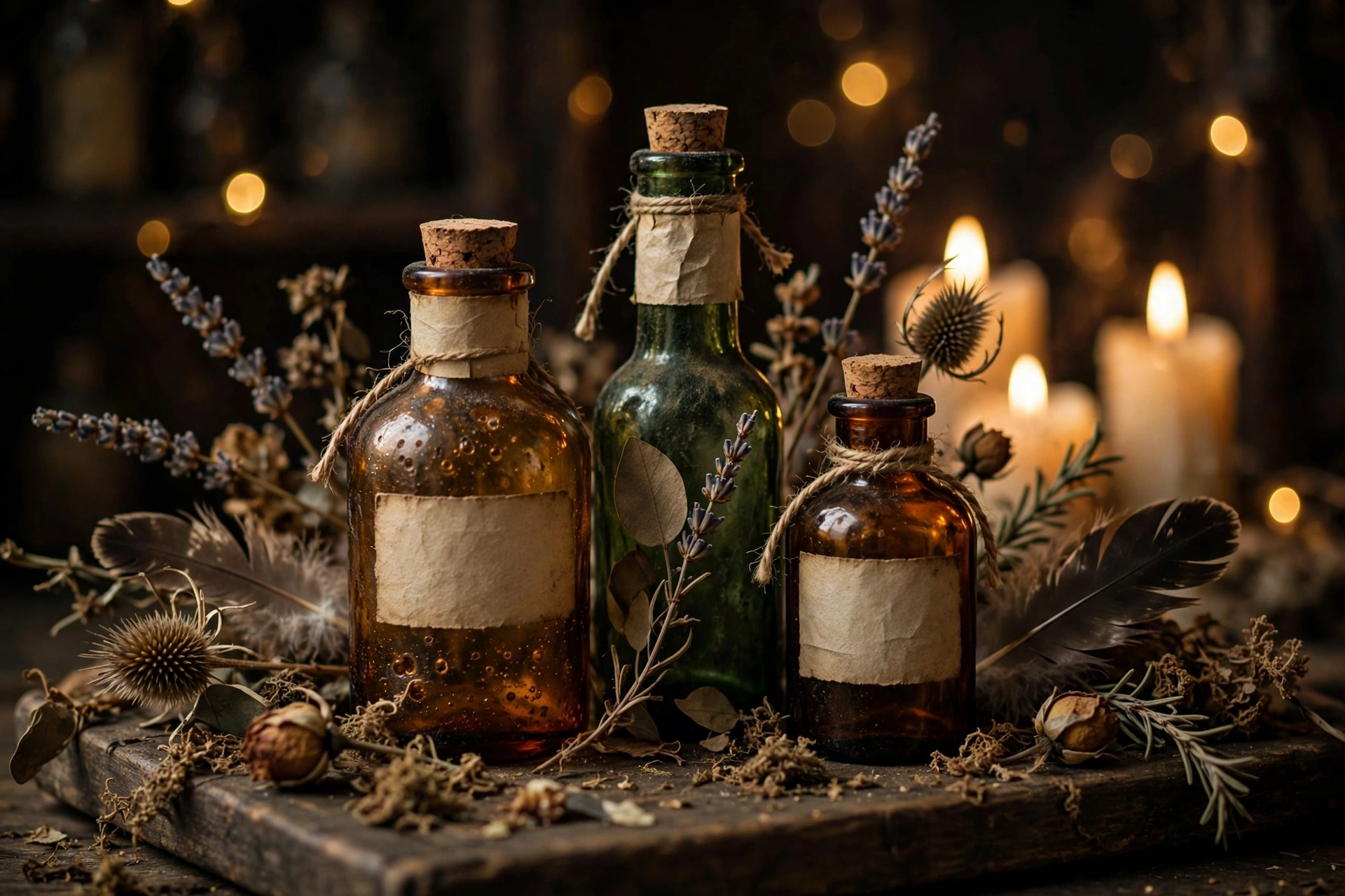 Handmade apothecary potion bottles glowing in candlelight — diy halloween decor ideas
