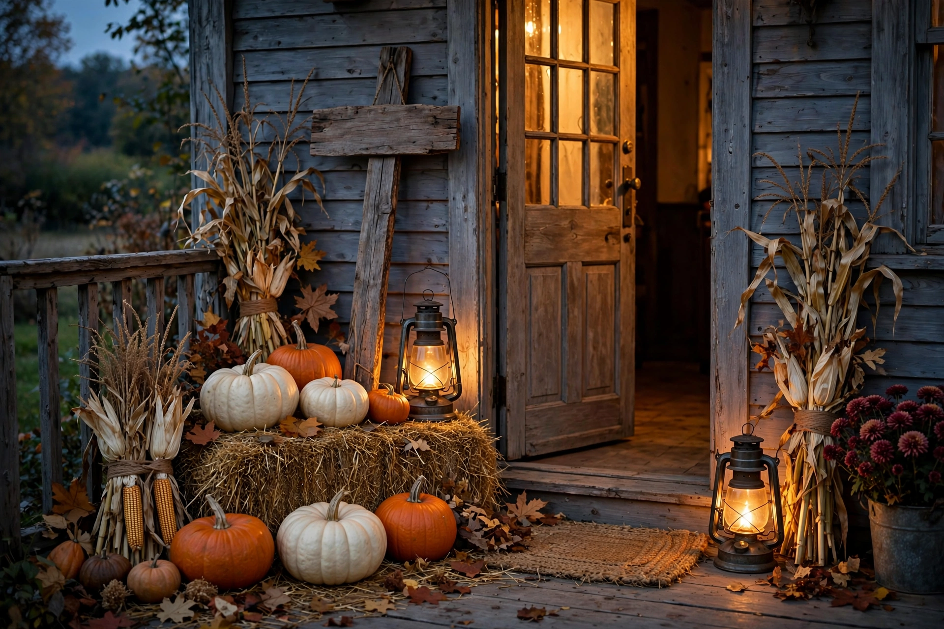 Handmade vintage Halloween porch with wooden sign and lanterns — diy halloween decor ideas