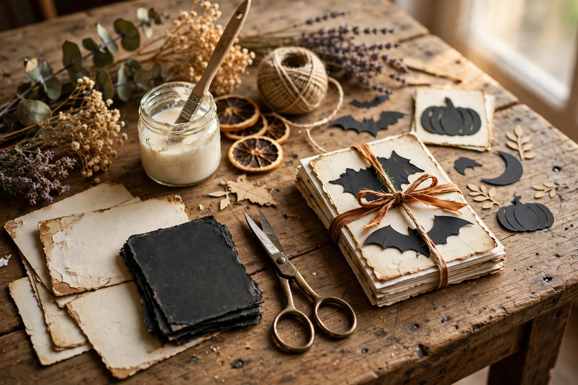 Handmade vintage Halloween postcard crafts on a wooden table — diy halloween decor ideas